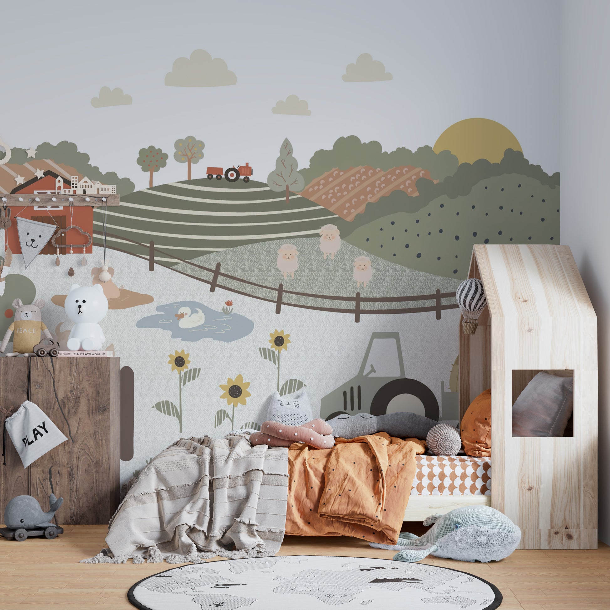 Nursery wallpaper with farm animals and a scenic backdrop
