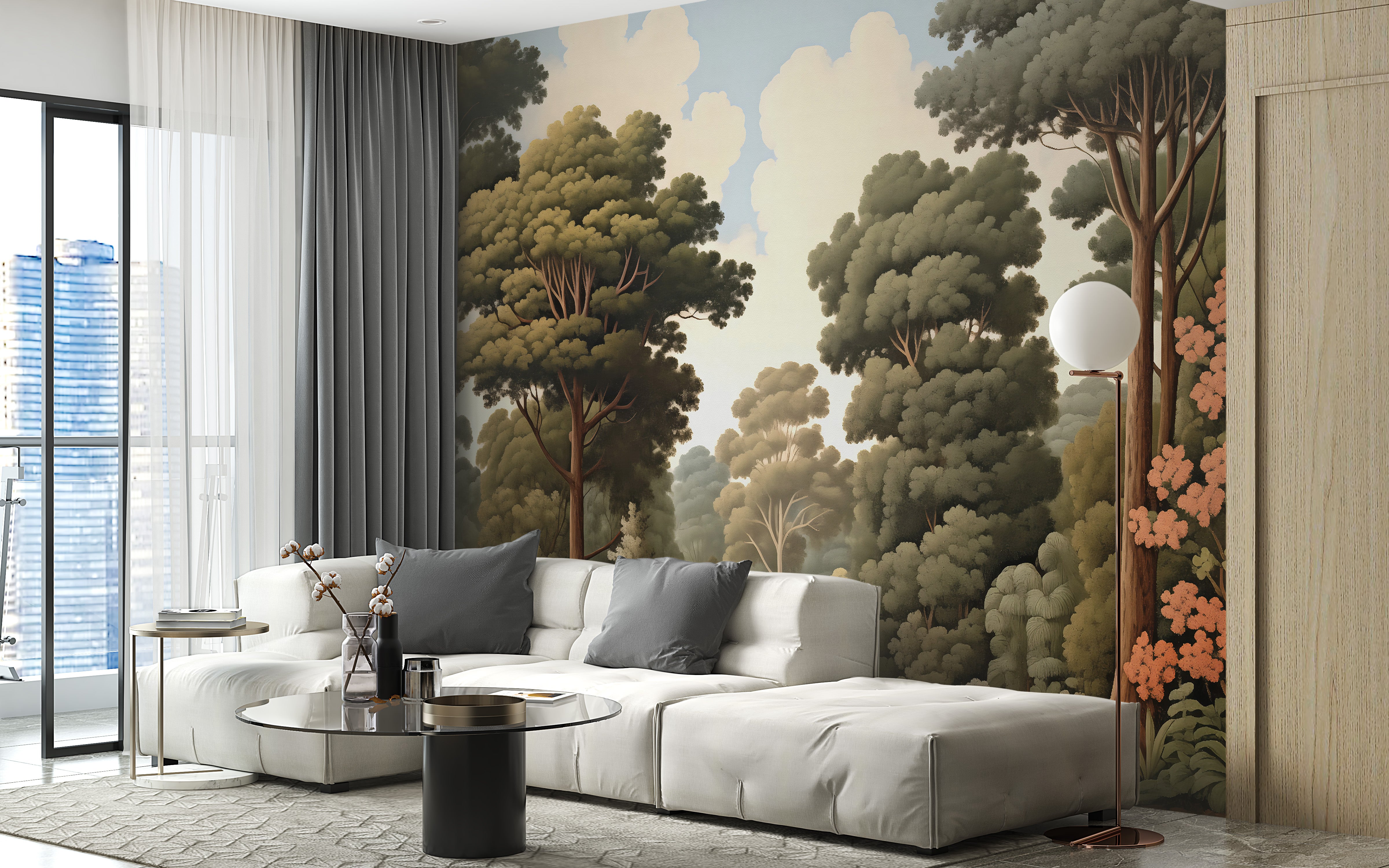 Forest woodcut green wallpaper murals for a fresh and earthy home decor.
