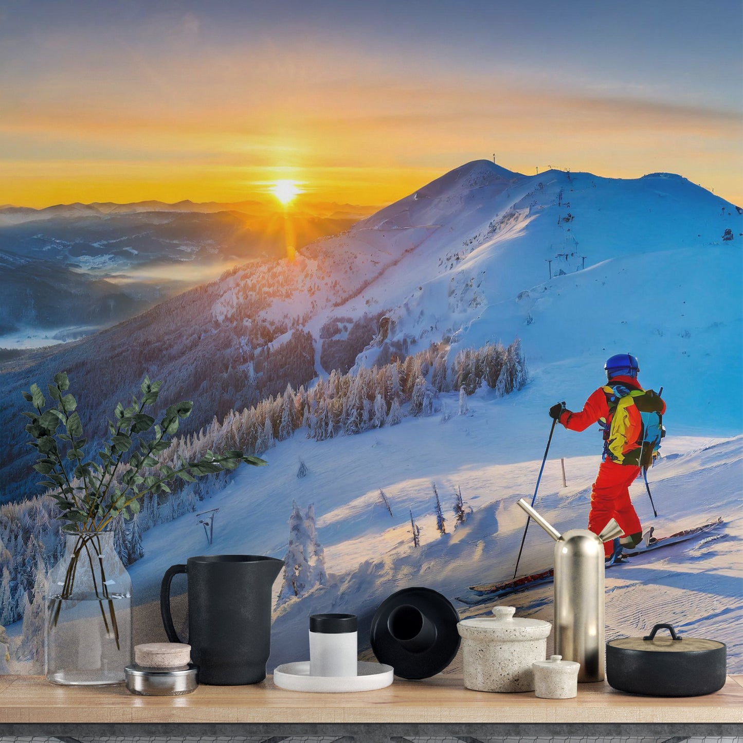 Alpine Dawn Skiing Adventure Mural