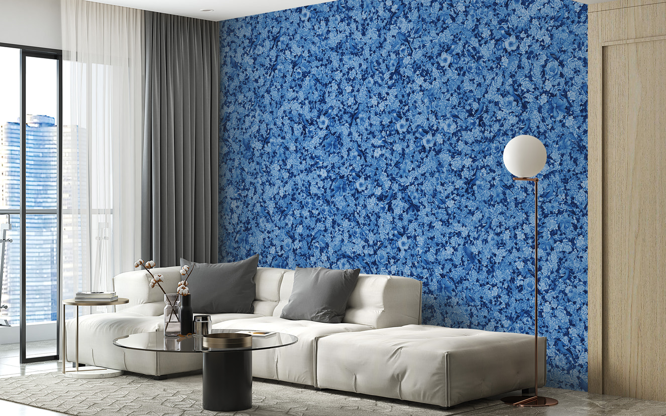 Blue bird and flower mural wallpaper



