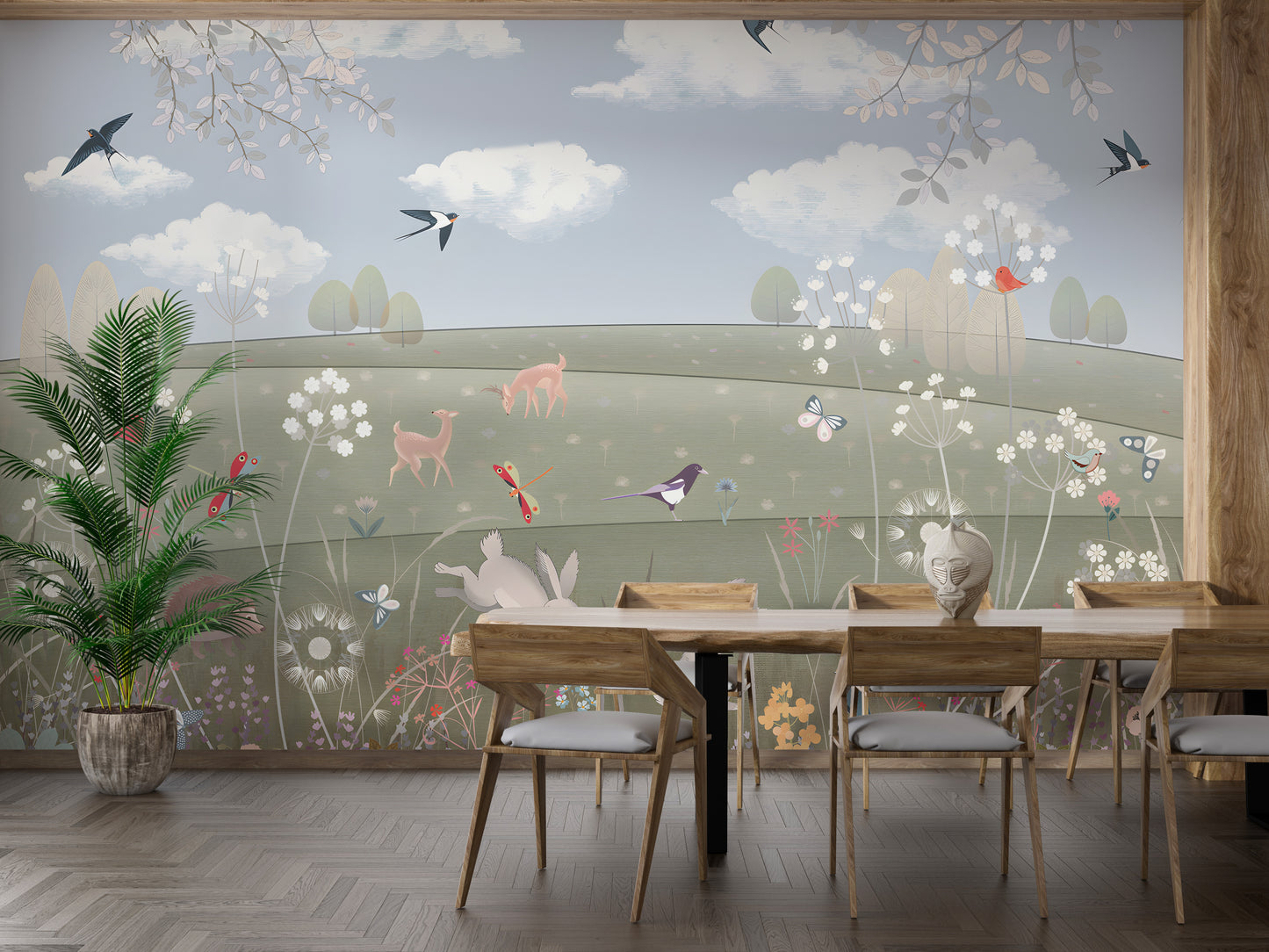 Enchanted garden wallpaper showcasing a serene countryside scene
