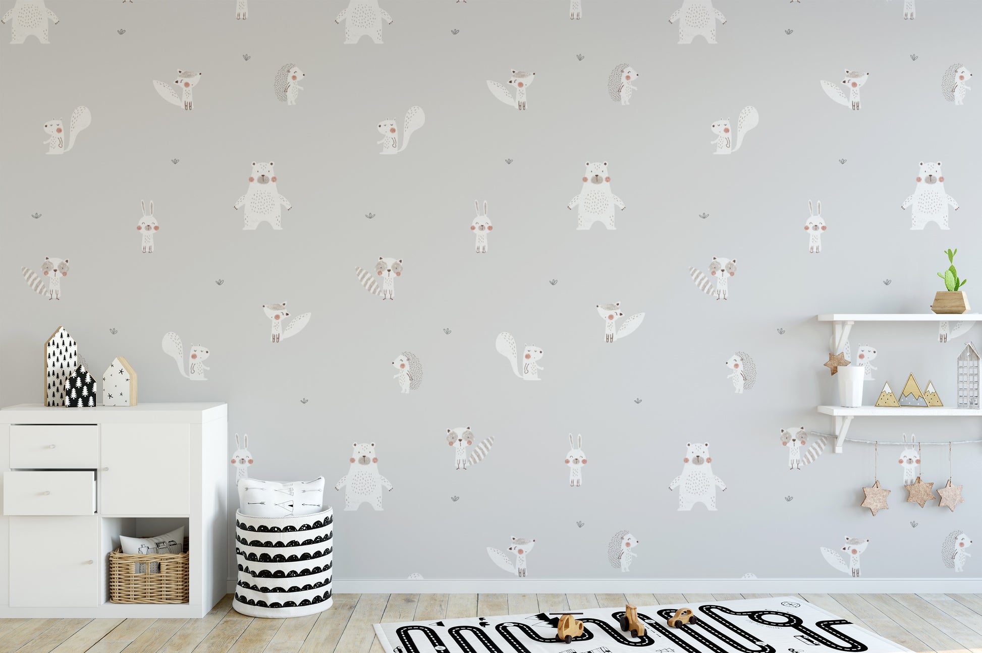 Cream forest animals wallpaper for a playful yet elegant look.
