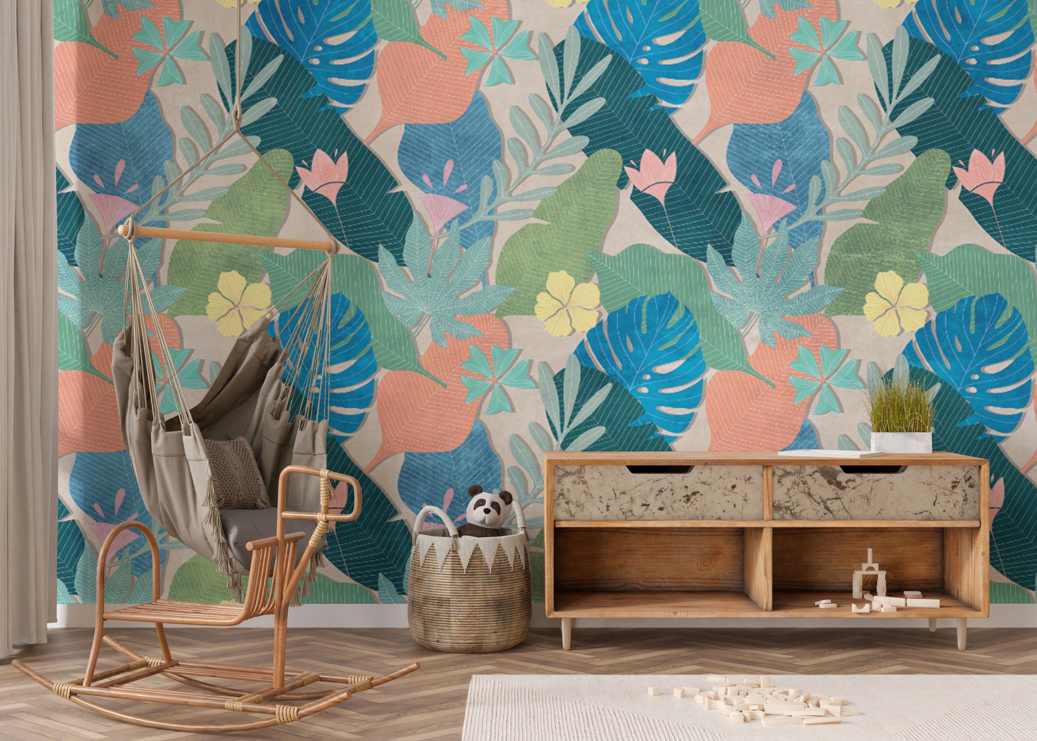 Vibrant Tropical Leaf and Flower Wallpaper Mural for Walls
