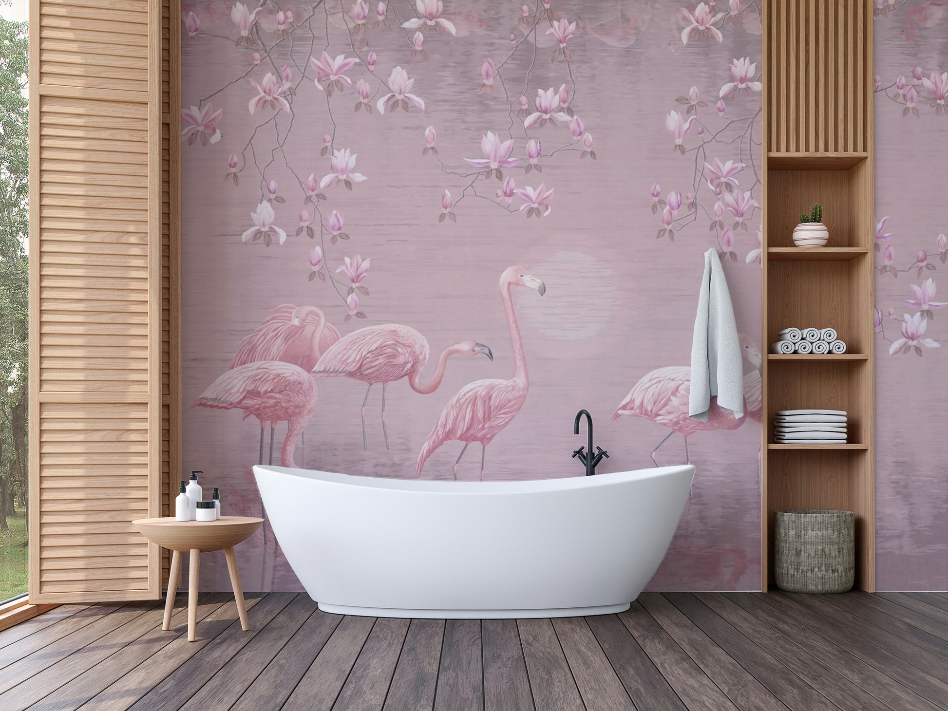 Nature-inspired magnolia and flamingo wall decor