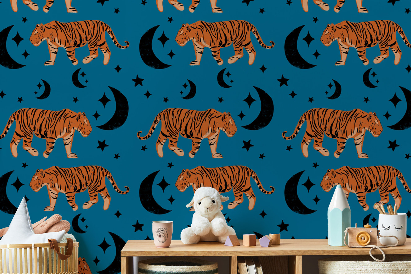 Fun Tiger Moon Blue Kids Room Wallpaper mural