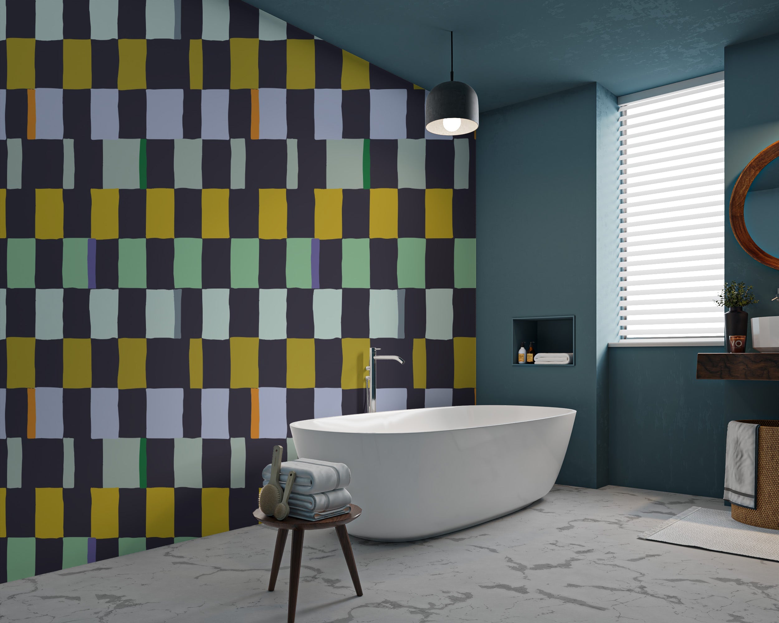 Modern mosaic quilt wallpaper for eclectic interior themes.
