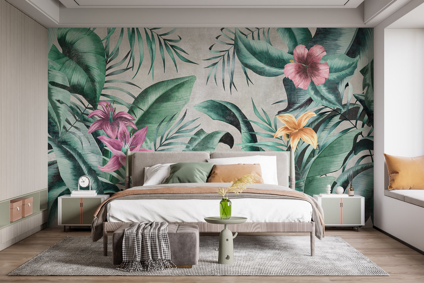 Rustic Floral Large Green Leaves Wallpaper Mural