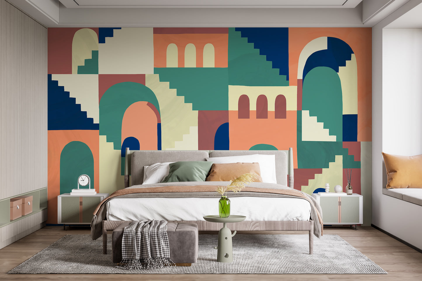 Playful kids room wallpaper mural with cartoon maze patterns