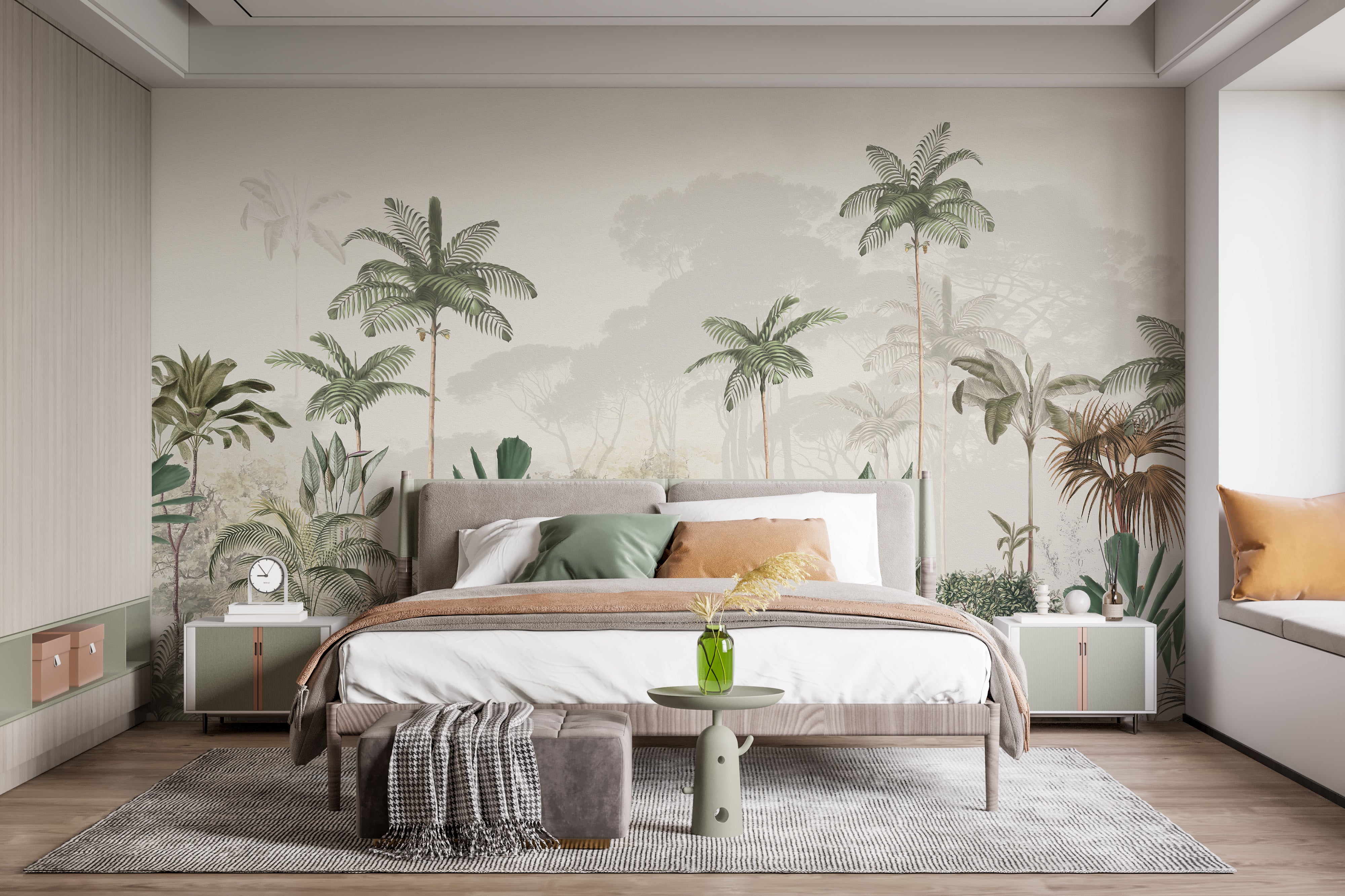 Tropical trees in soft white mural design
