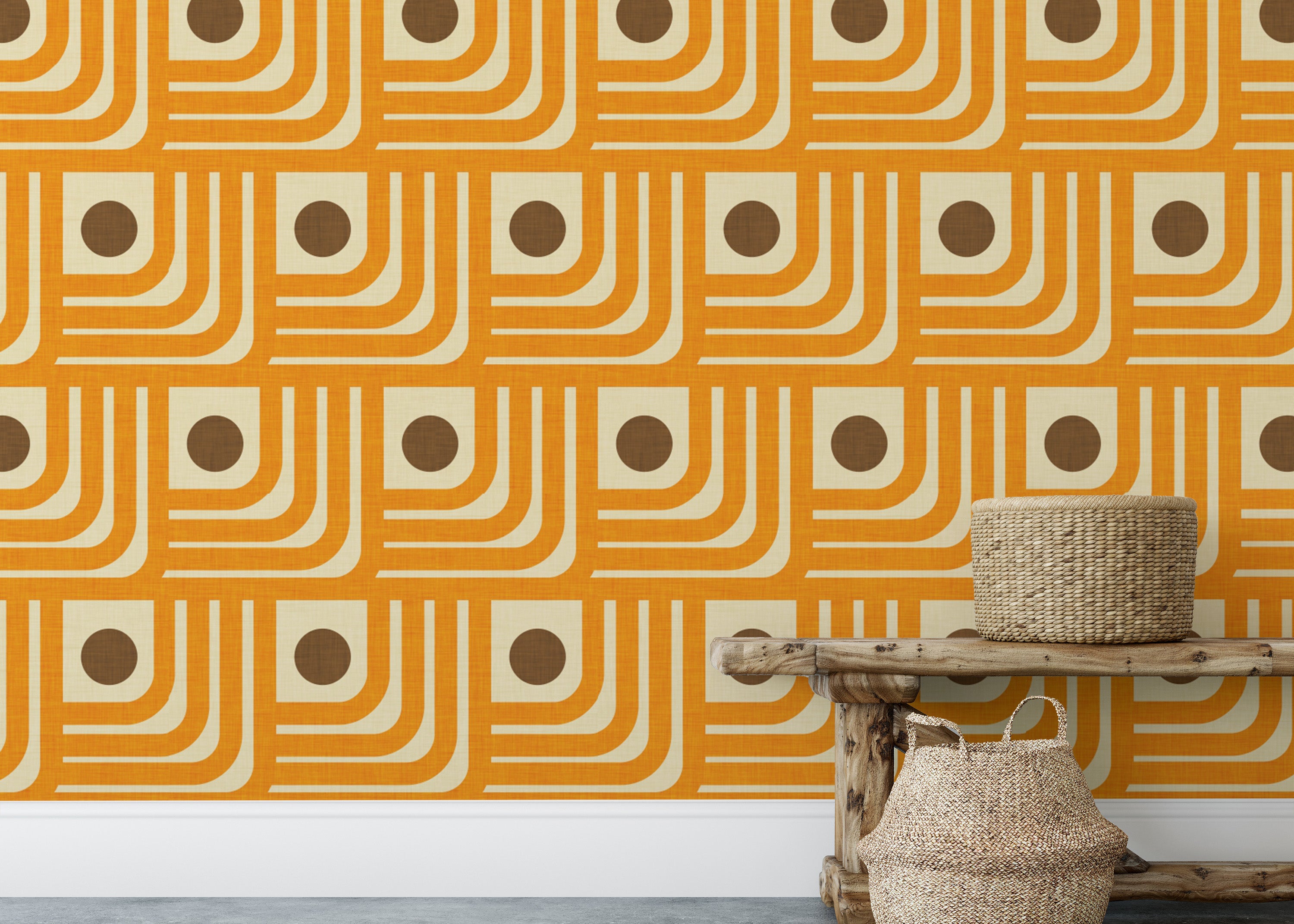 Vintage geometric wallpaper with orange curves
