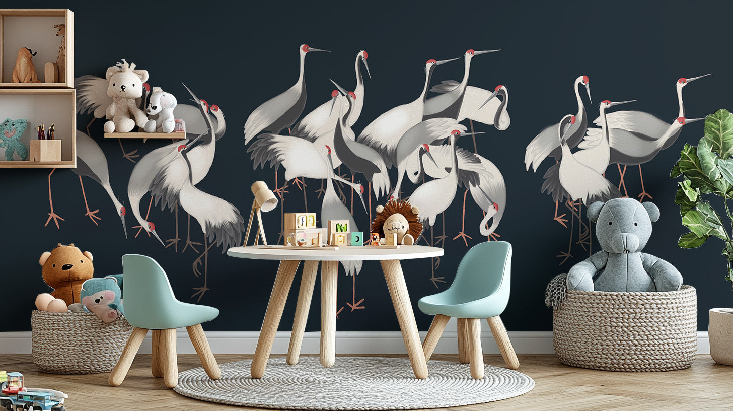 White crane wallpaper for serene kids dining area