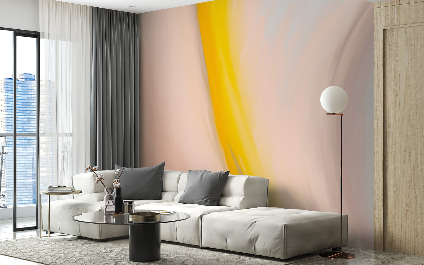 Bold abstract mural with yellow and pink swirls
