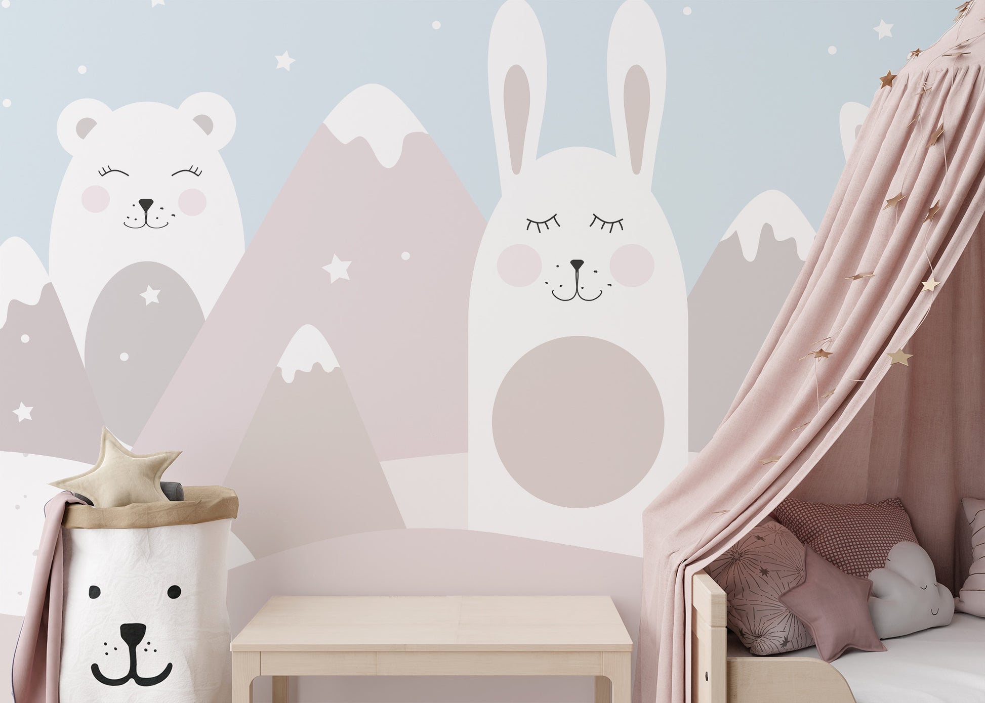 Dreamy kids mural with stars and animals