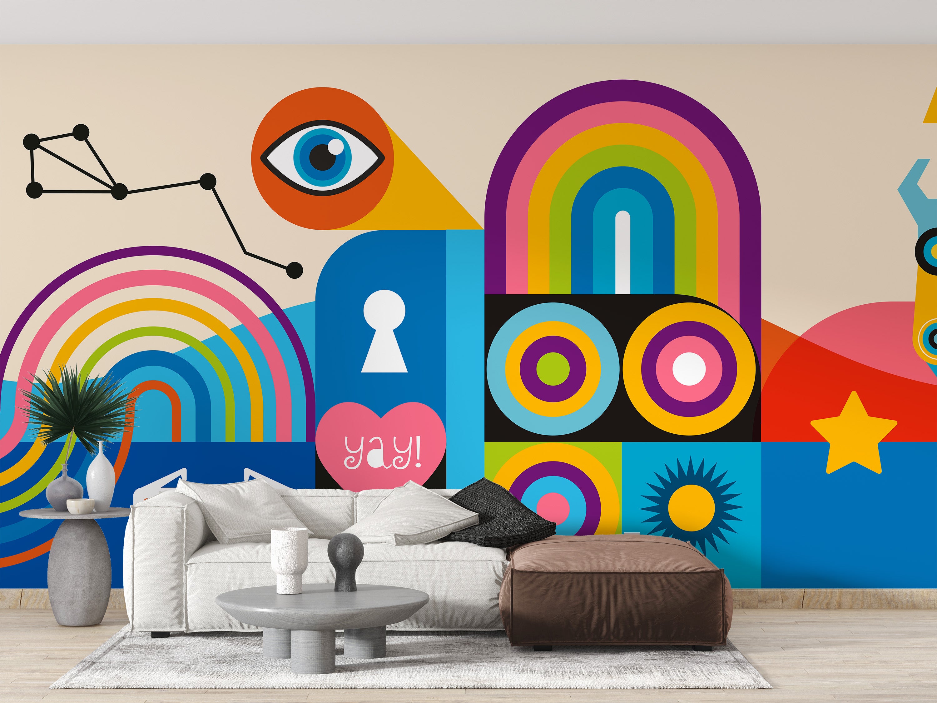 Colorful geometric wallpaper mural for stylish interiors.