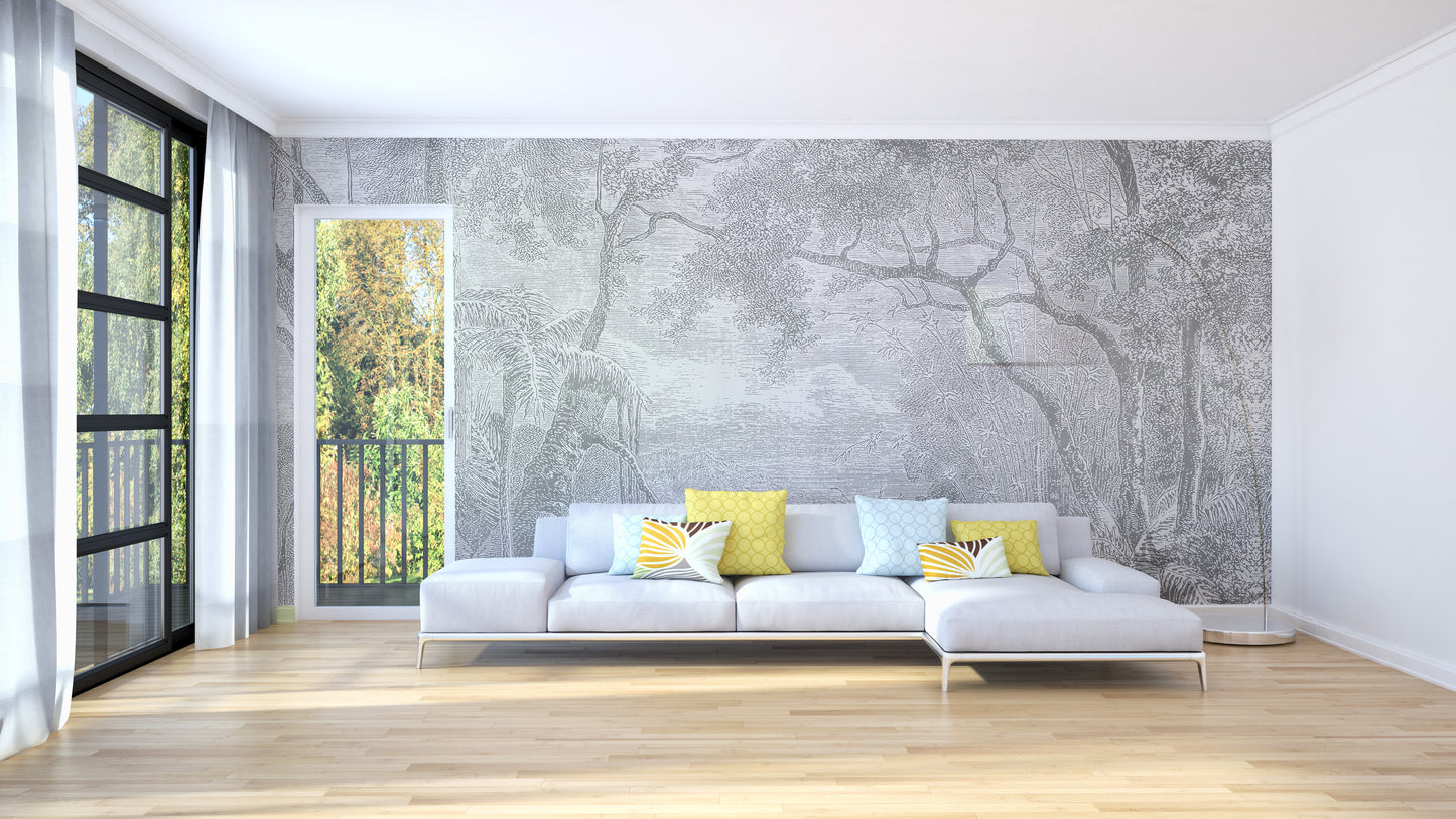 Gray Color Sketch Forest Wallpaper Murals for a Natural Look