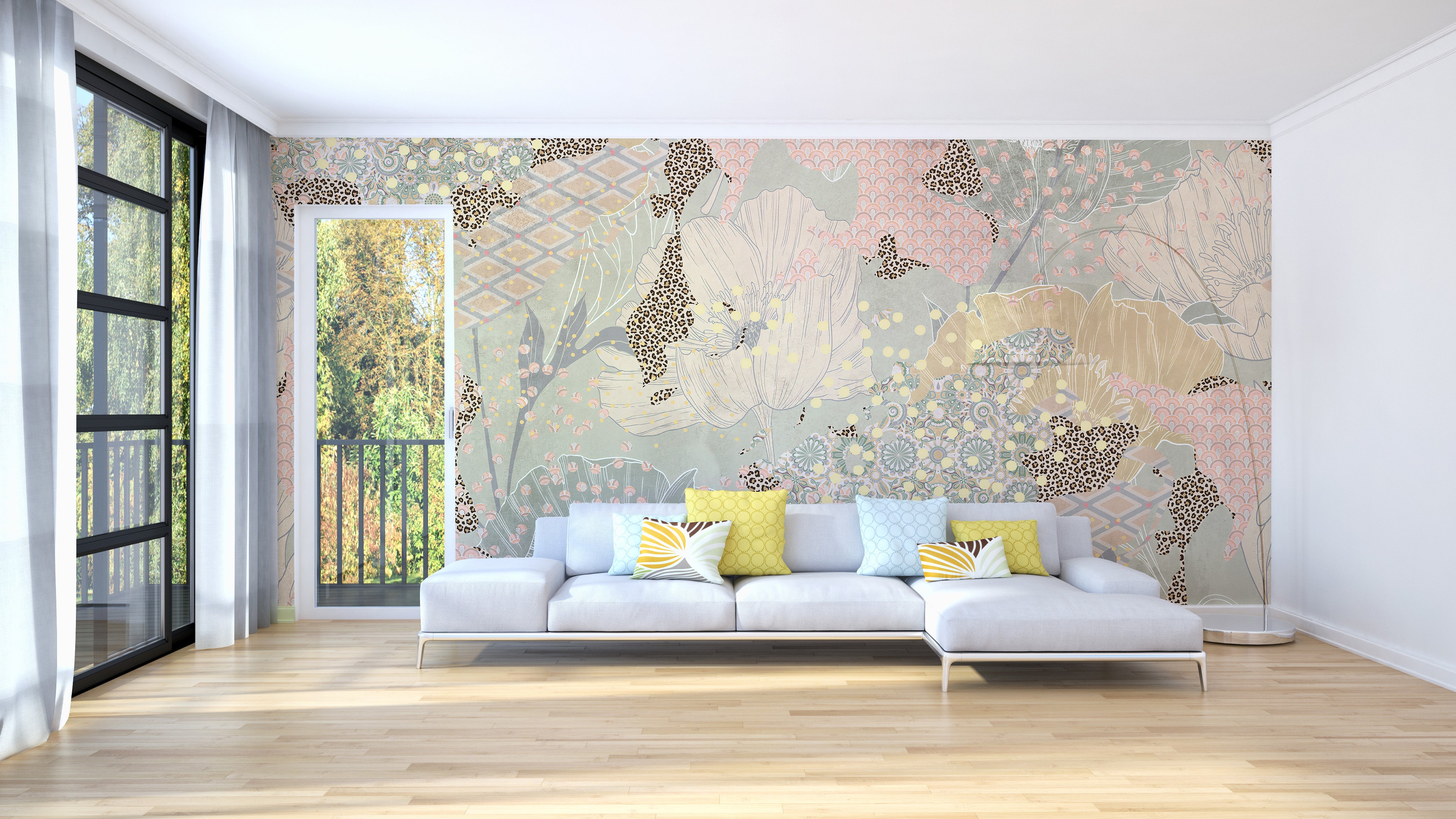 Vibrant boho wall mural with patterns
