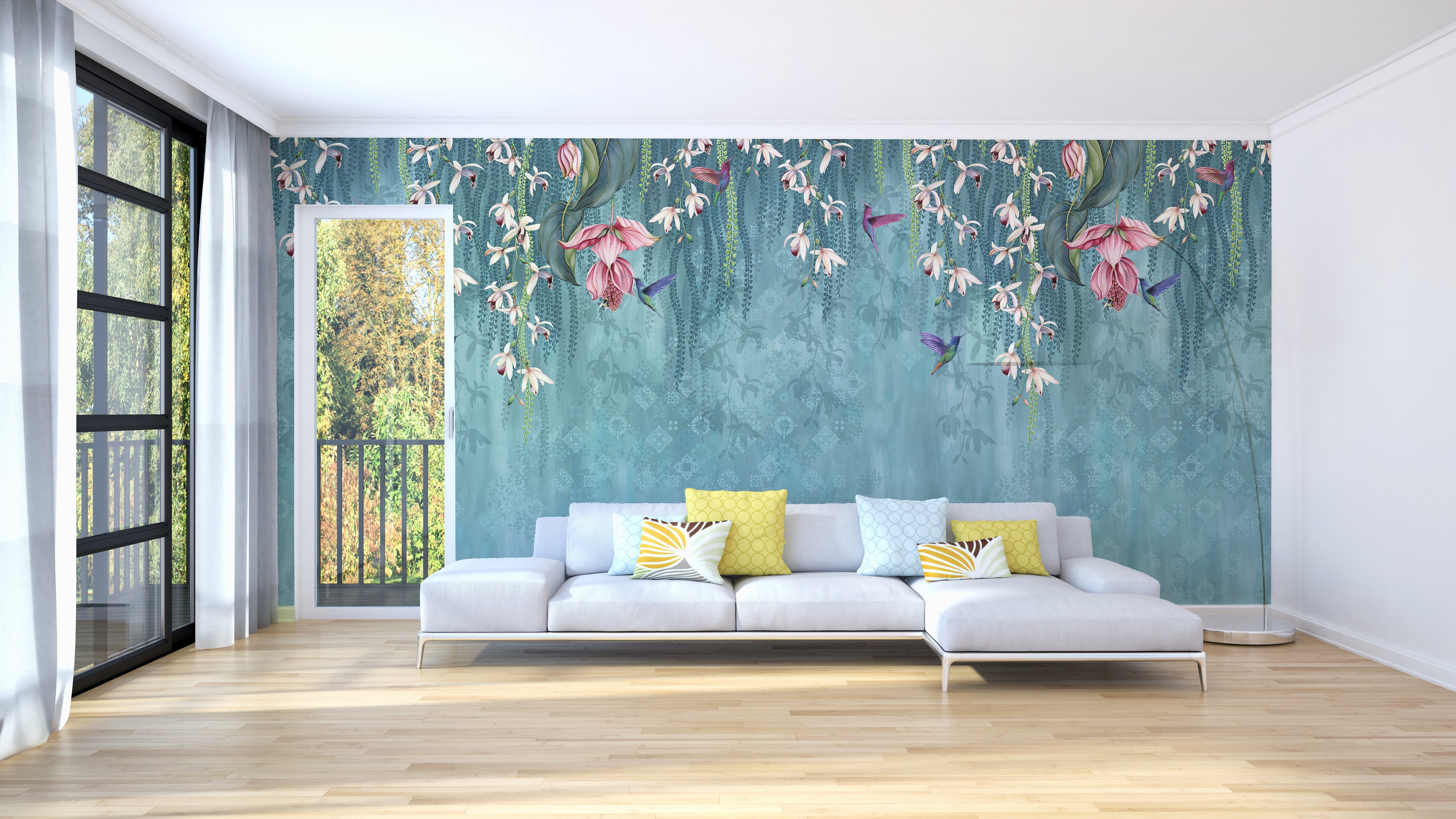 Hanging Floral Design on Turquoise Wallpaper
