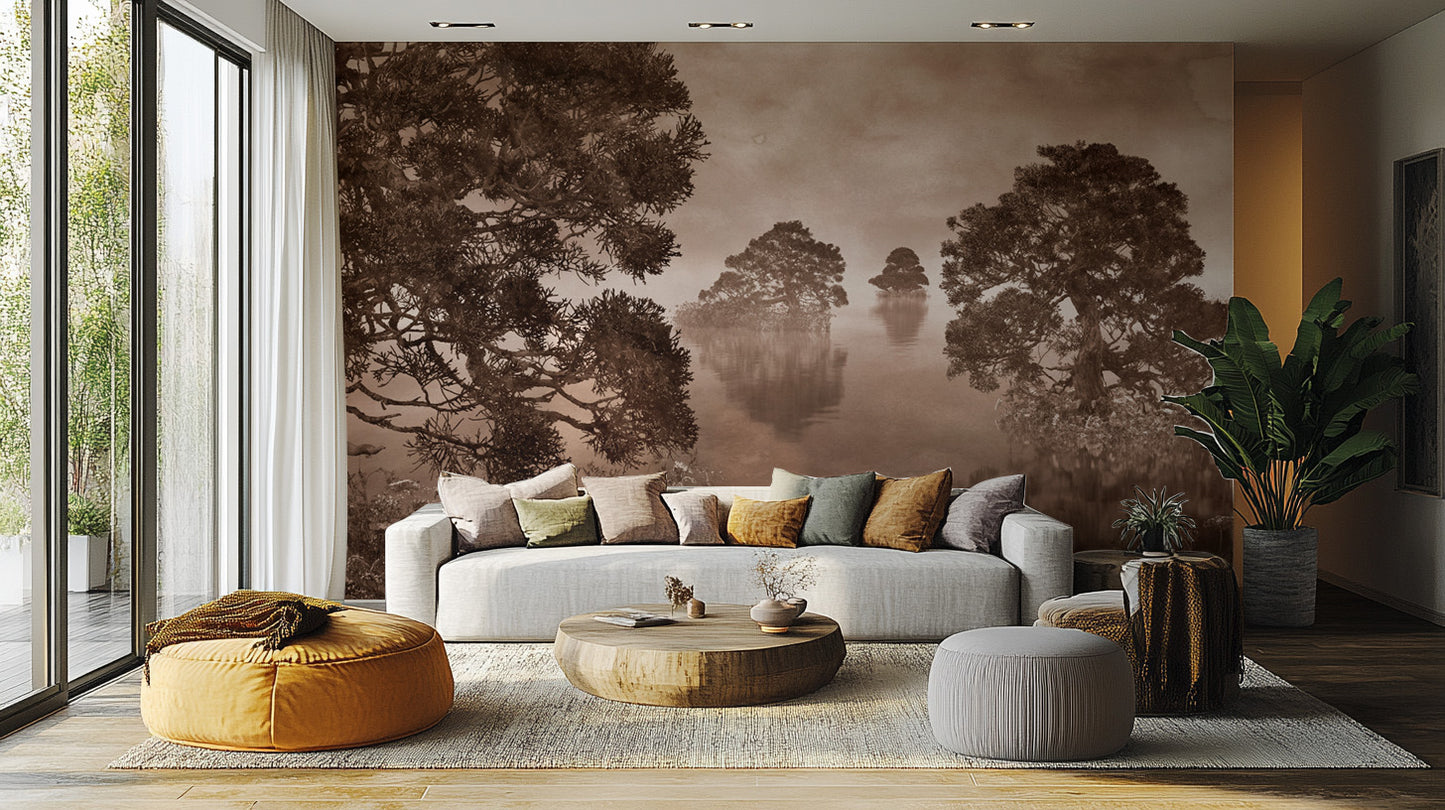 Watercolor Lake Monochrome Ink Sepia Wallpaper Murals