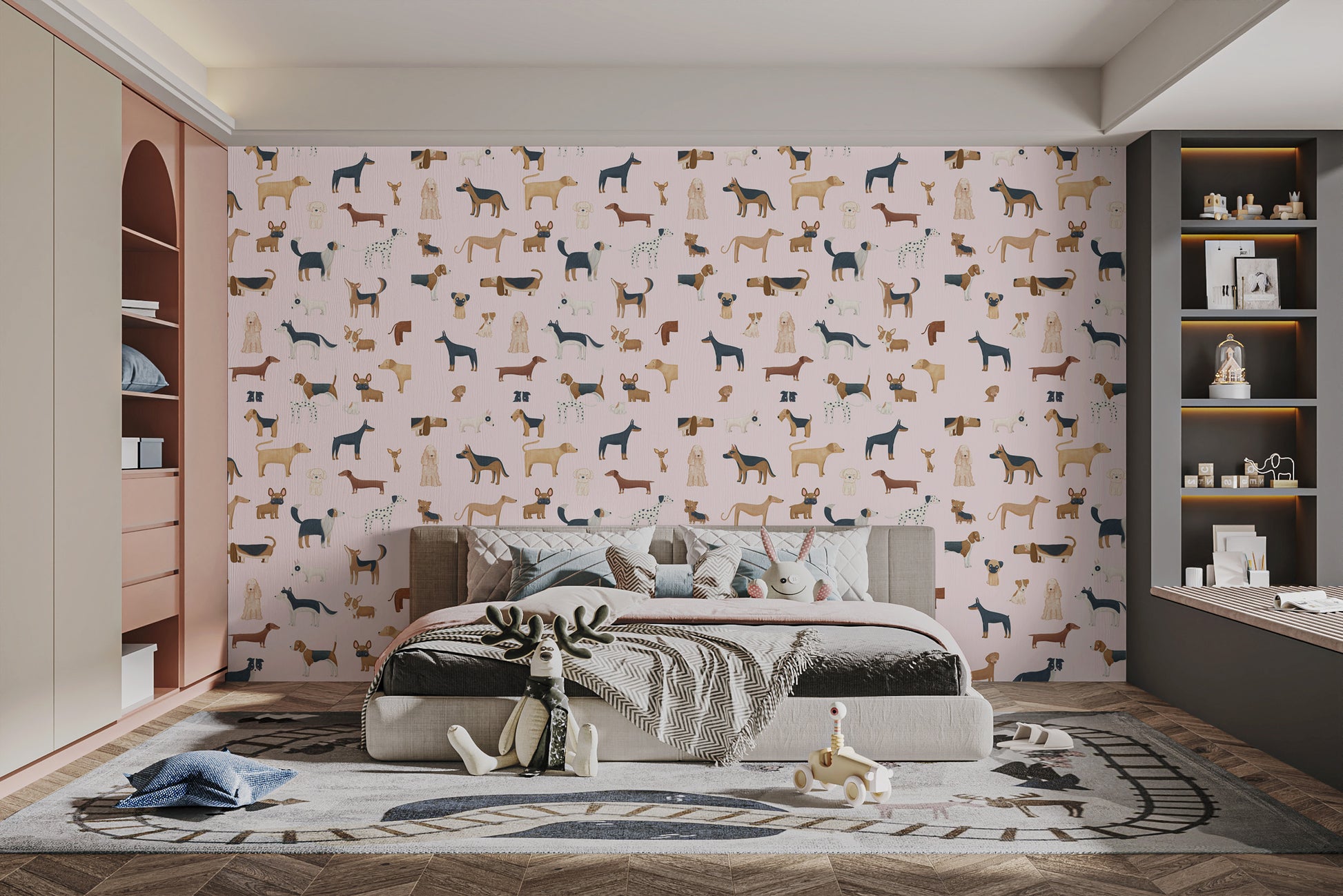 Cute dogs print wallpaper in pastel pink
