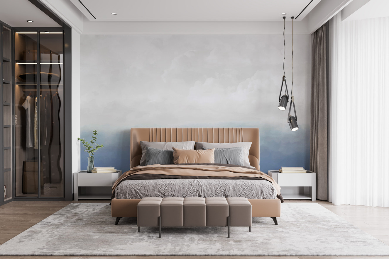 Blue White Sky Mural, calming bedroom vibe