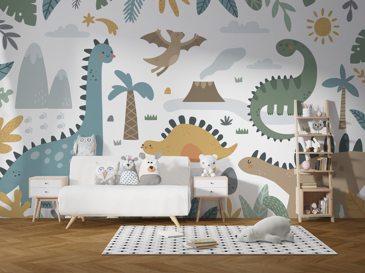 Artistic dinosaur wallpaper mural for prehistoric-themed rooms.