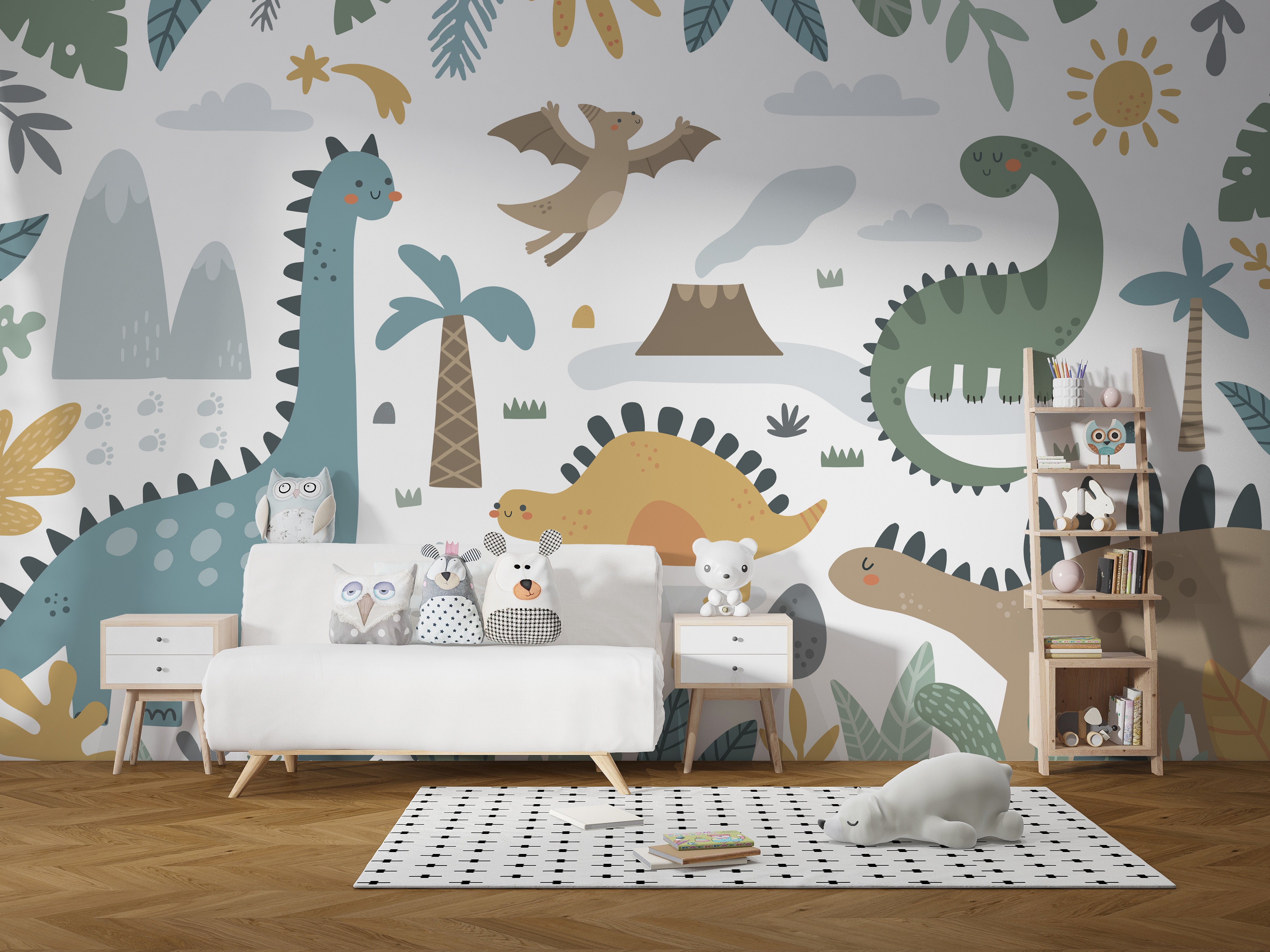 Artistic dinosaur wallpaper mural for prehistoric-themed rooms.