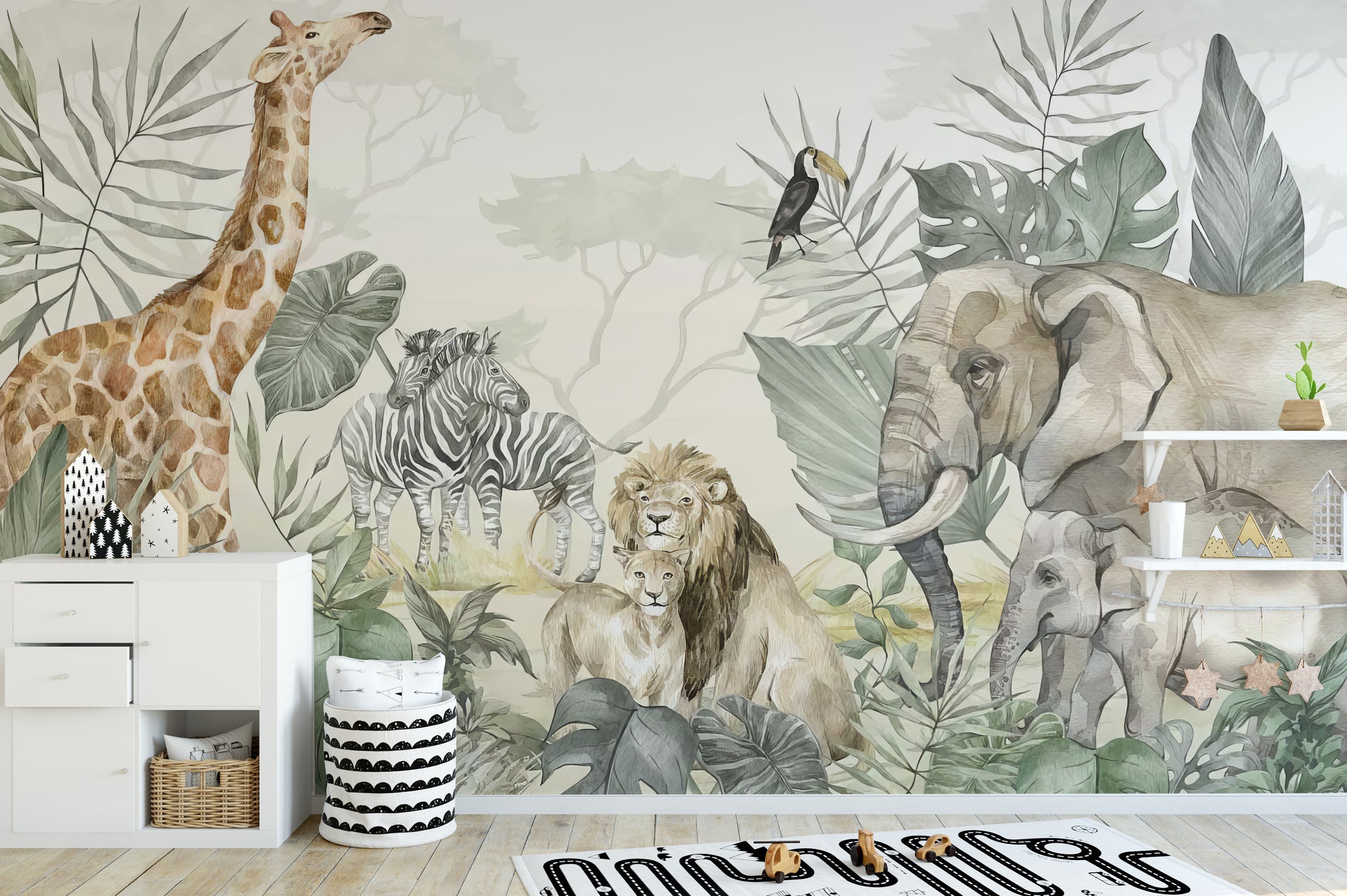 Bold safari jungle wallpaper mural for dynamic wall decor.
