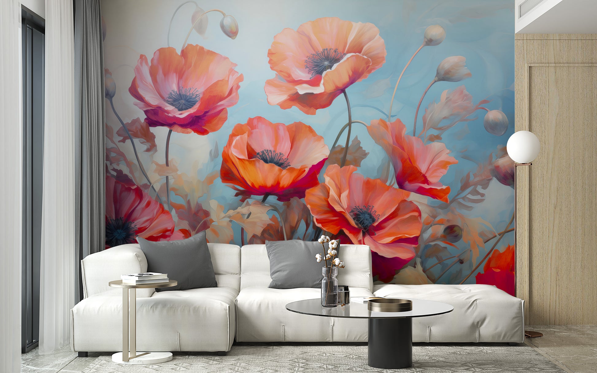 Wild poppies red and blue flower wallpaper for a vibrant room design.