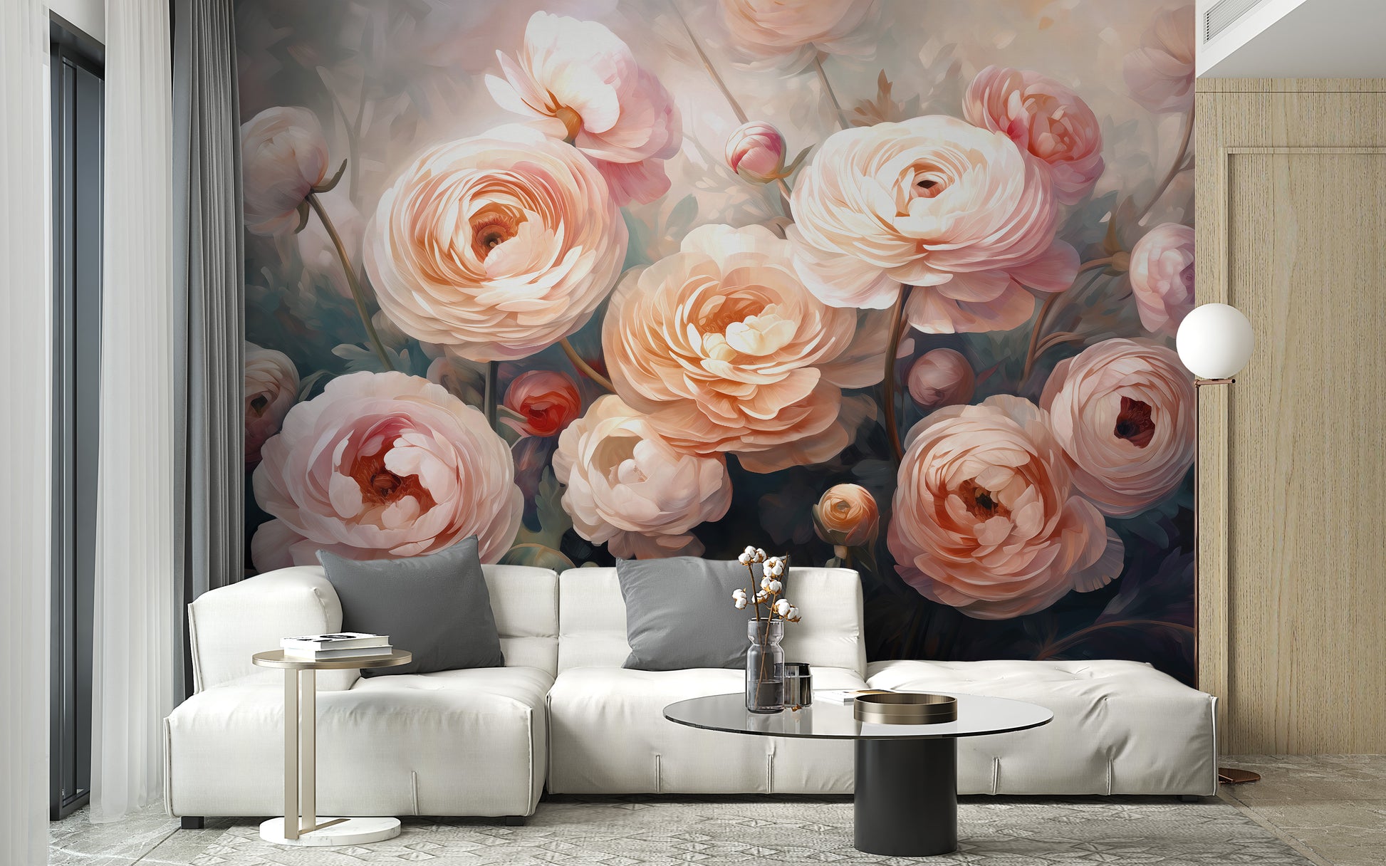 Beautiful ranunculus pink flower mural wallpaper for a calming space.