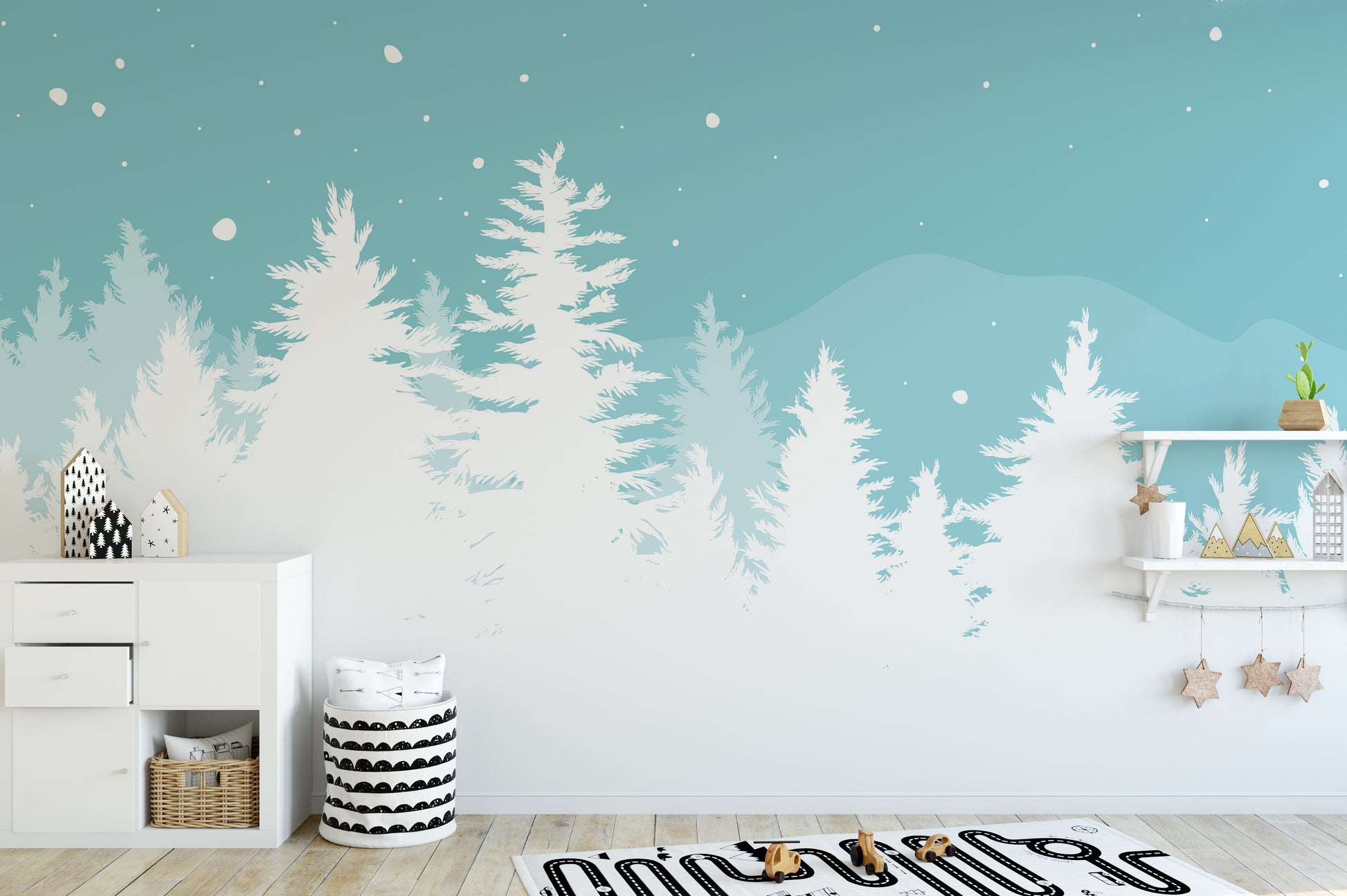 Frosted pine Christmas tree mural adding seasonal charm to walls.
