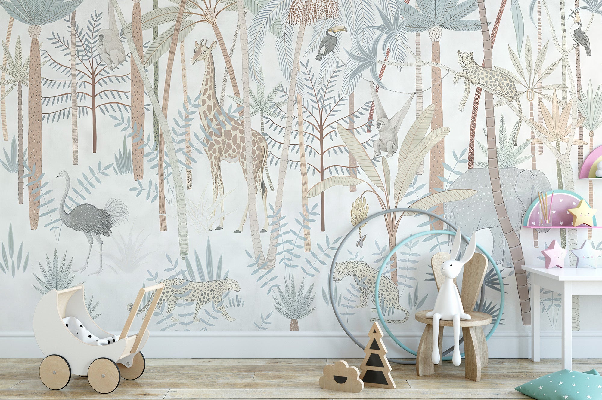 Exotic animals wallpaper mural for nursery