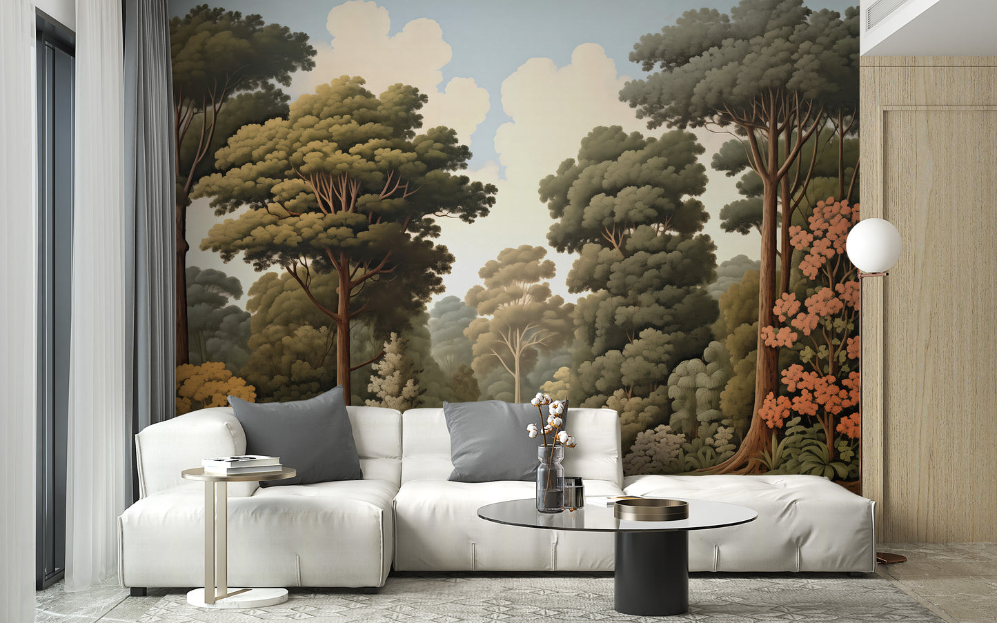 Forest woodcut green nature wallpaper murals for a fresh look.
