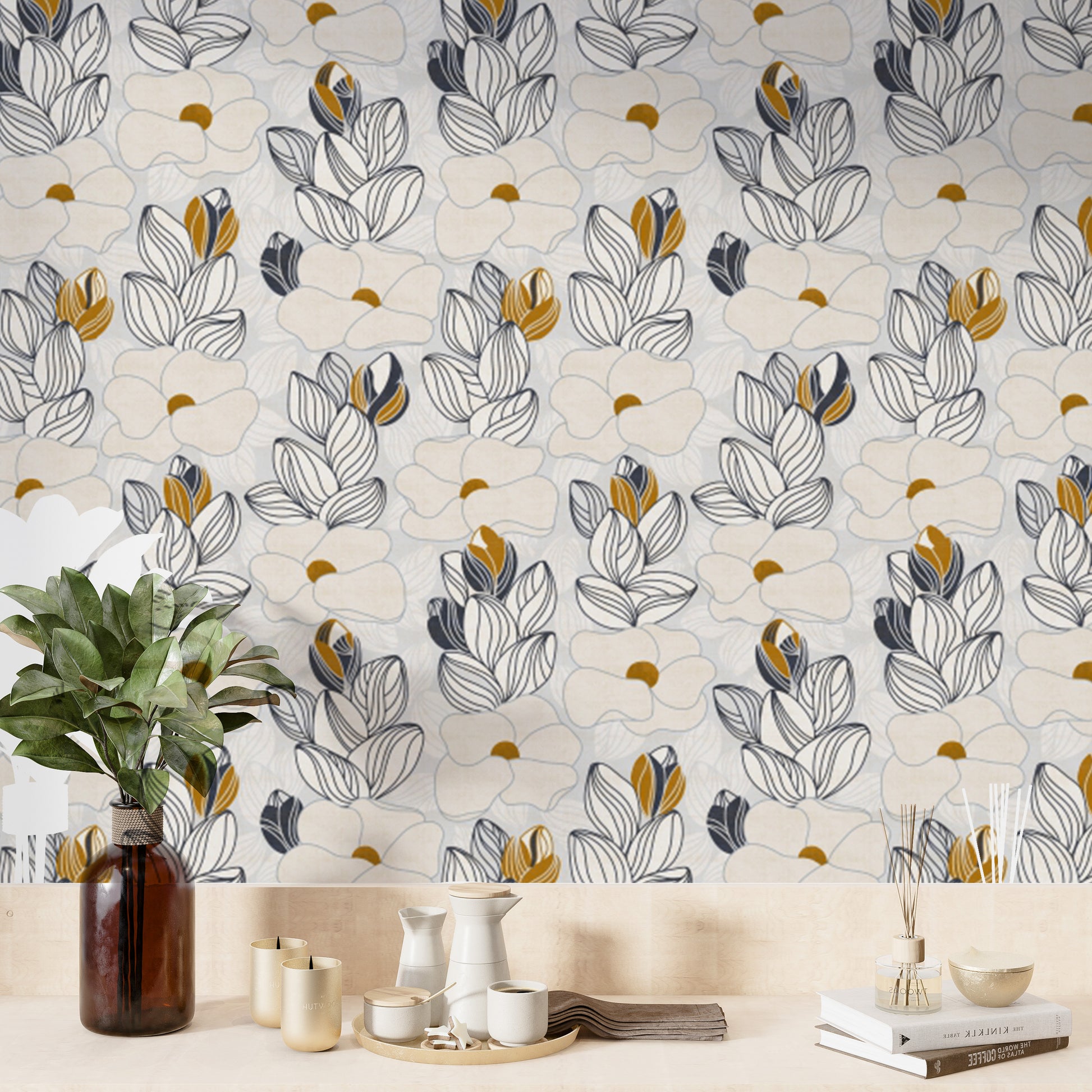 Removable wallpaper with water lilies design