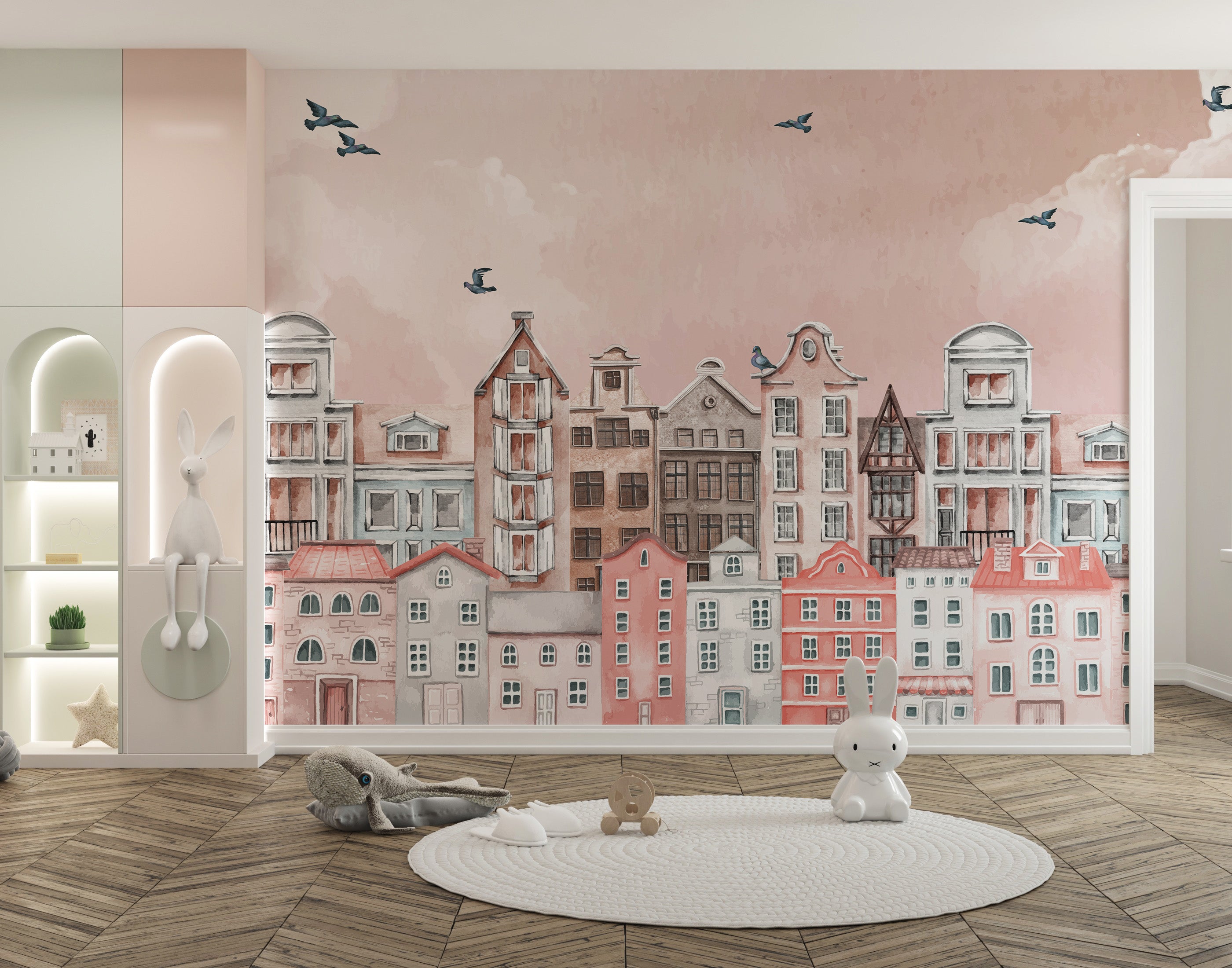 Dreamy town mural wallpaper for children
