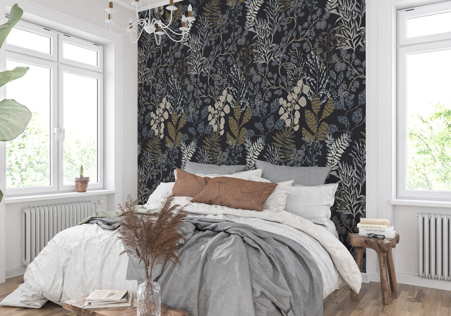 Bold Midnight Botanical Wallpaper with Gold Accents
