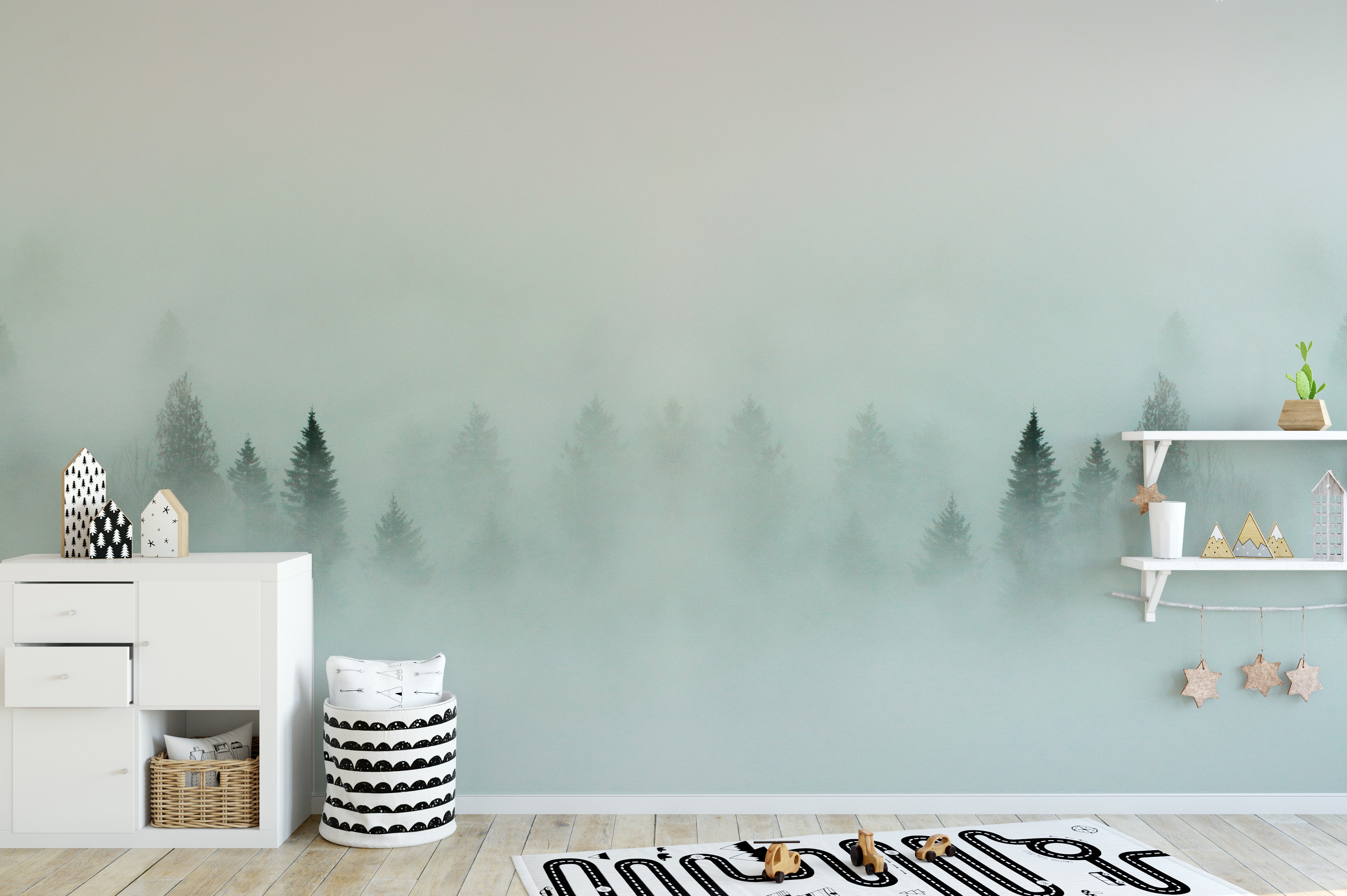 Dense forest wallpaper mural with a soft foggy atmosphere.
