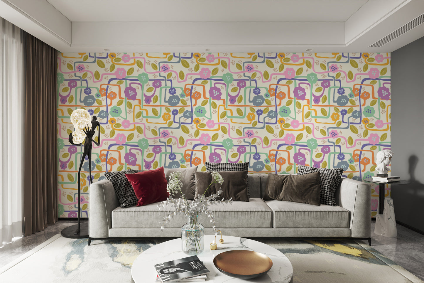 Blooming whimsy wallpaper mural featuring bold, intricate blooms.
