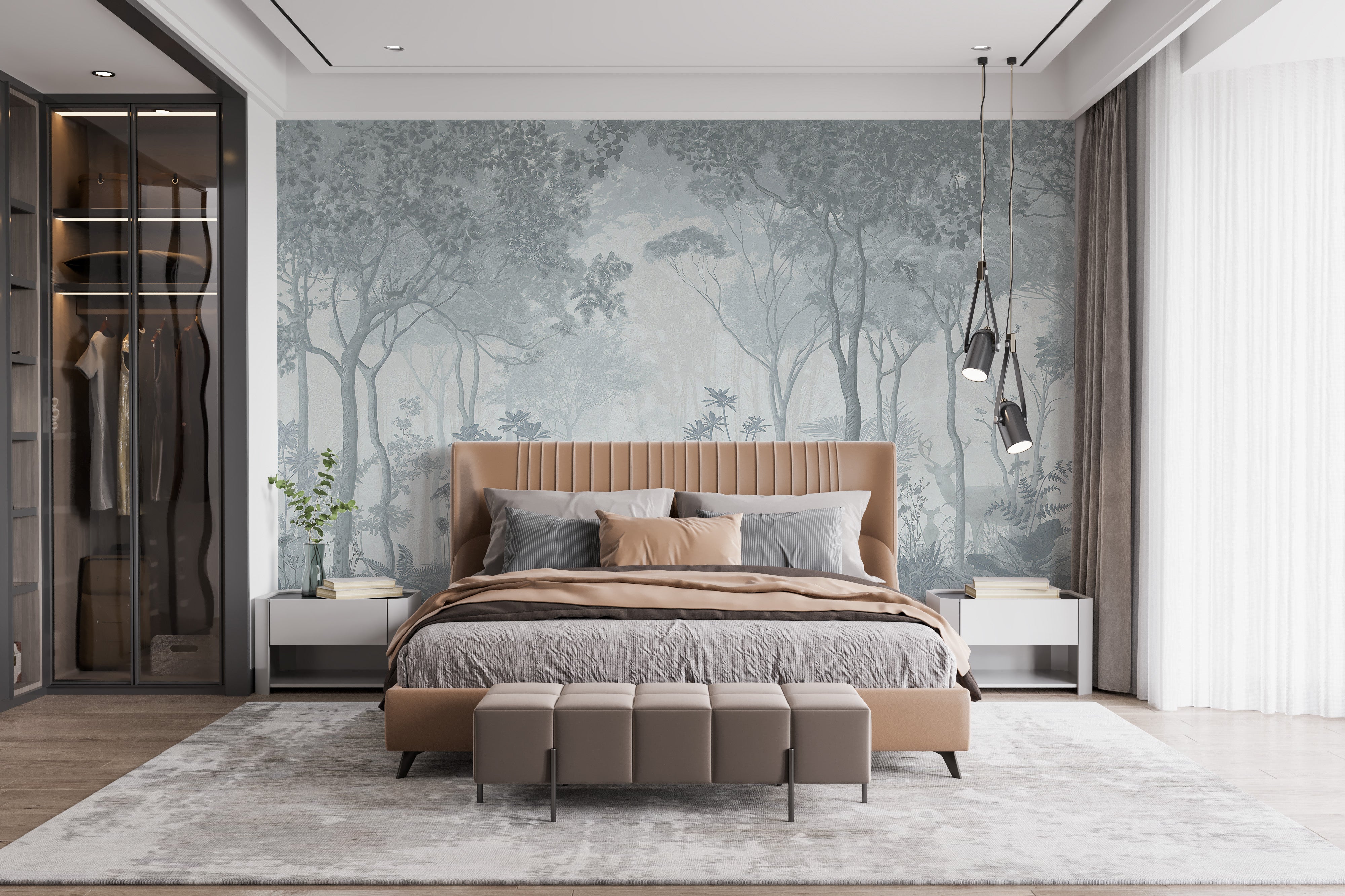 Dreamy fog-filled forest wallpaper mural
