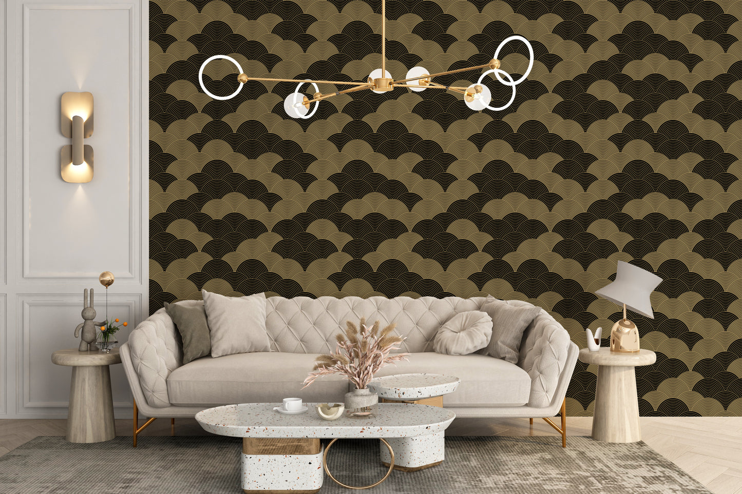 Luxurious ocean wave wallpaper in gold tones