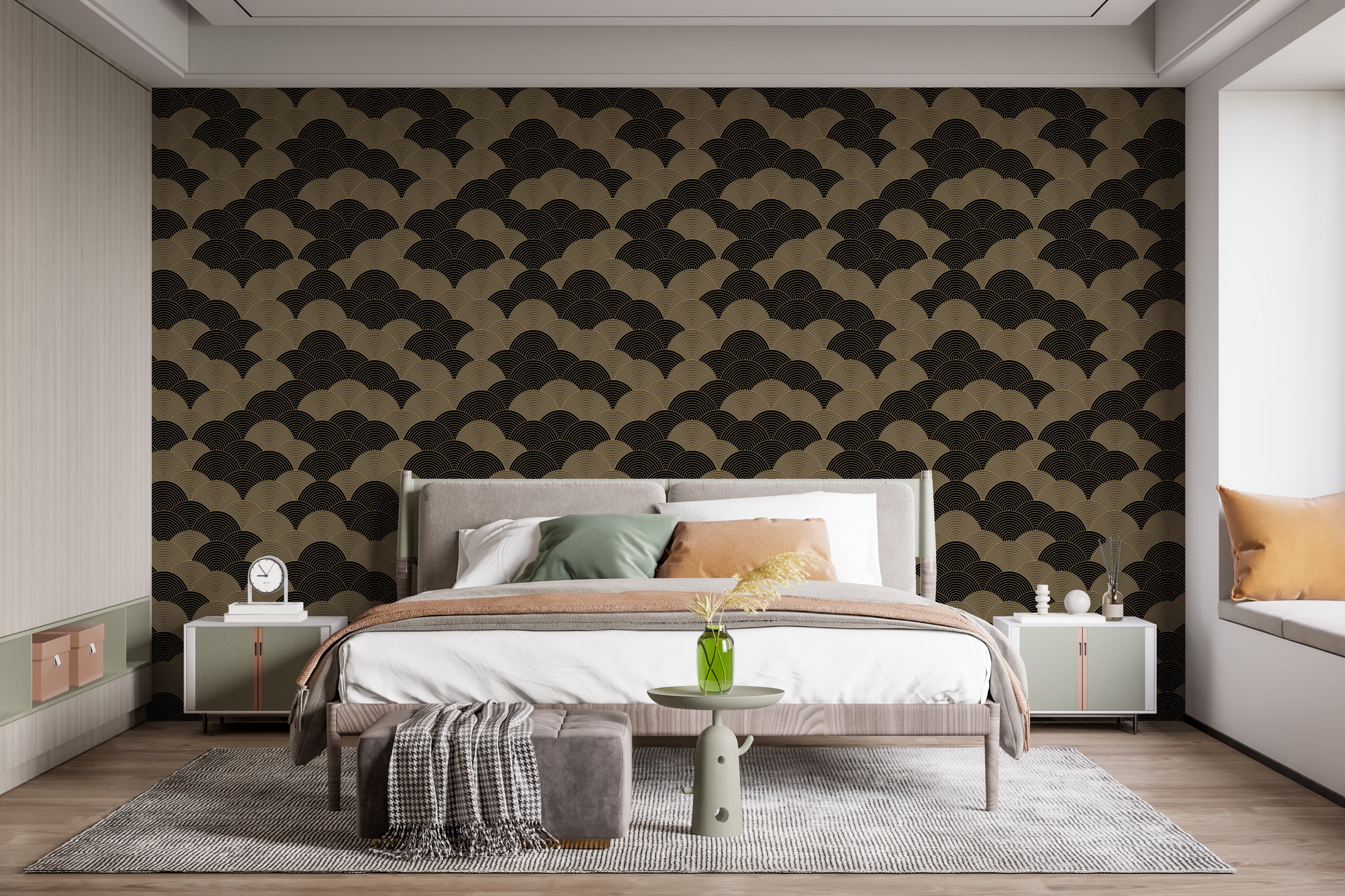 Sophisticated black and gold circular wallpaper