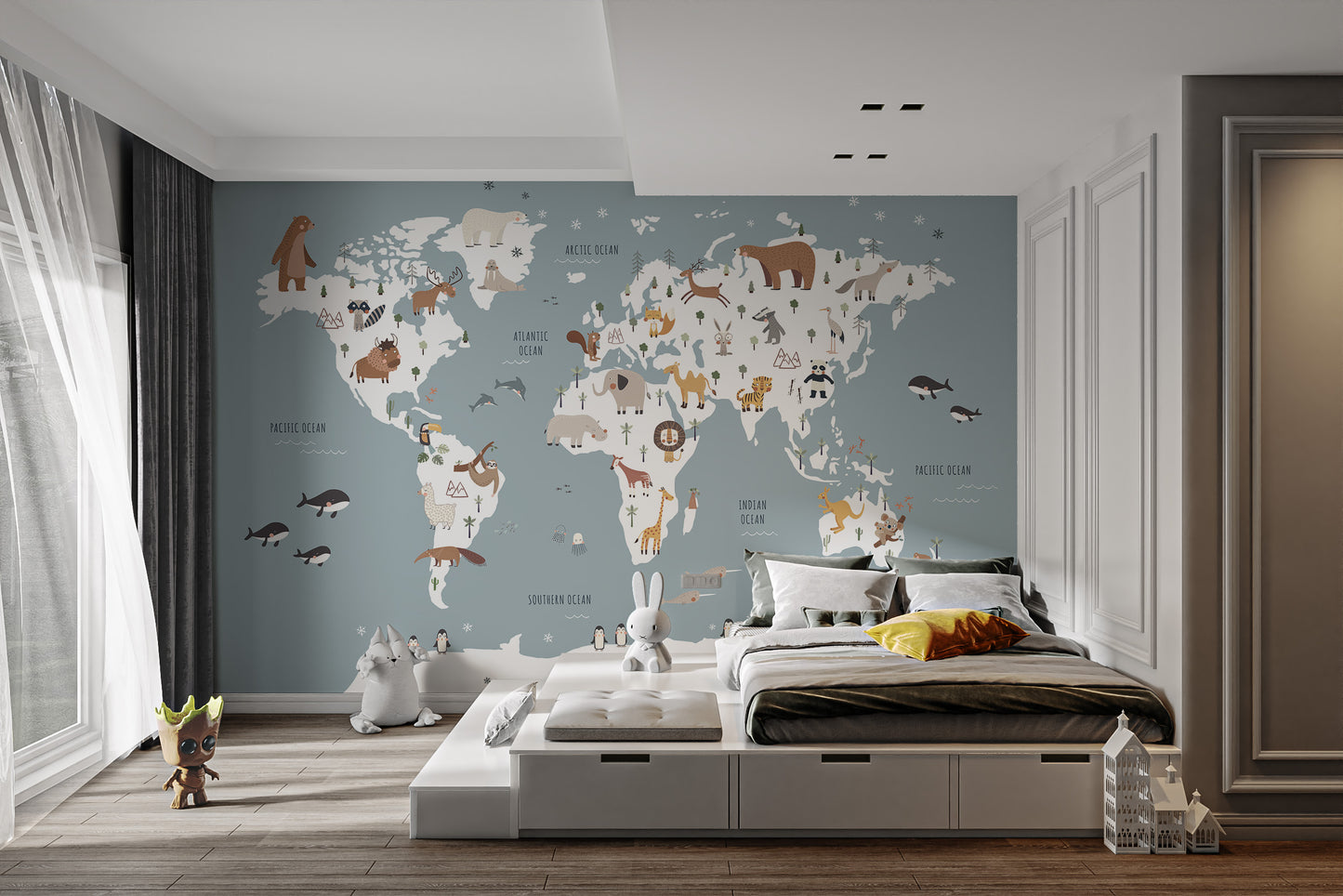 Nursery world map wallpaper with animal illustrations
