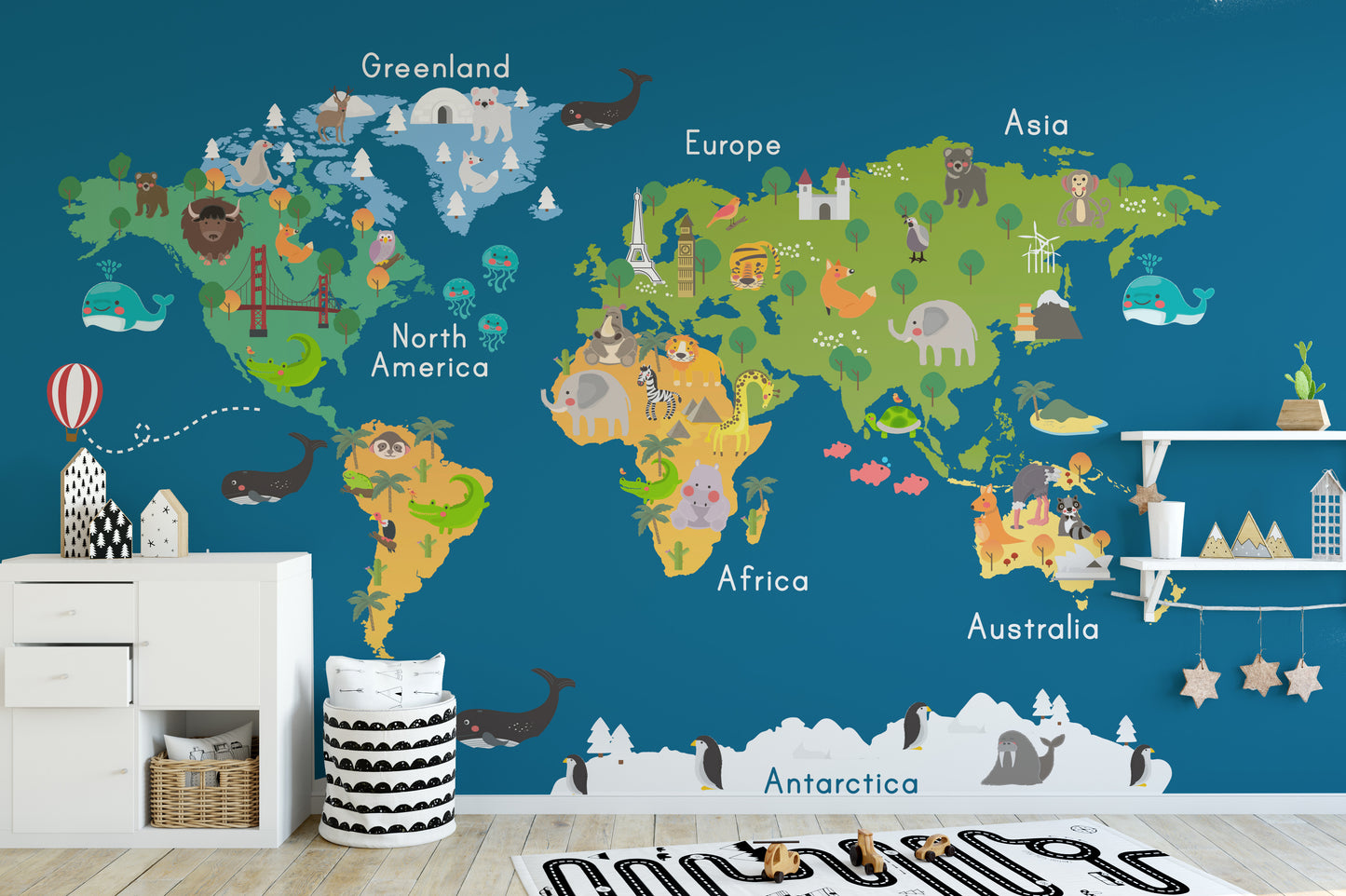 Kids World Map Blue Wallpaper Mural