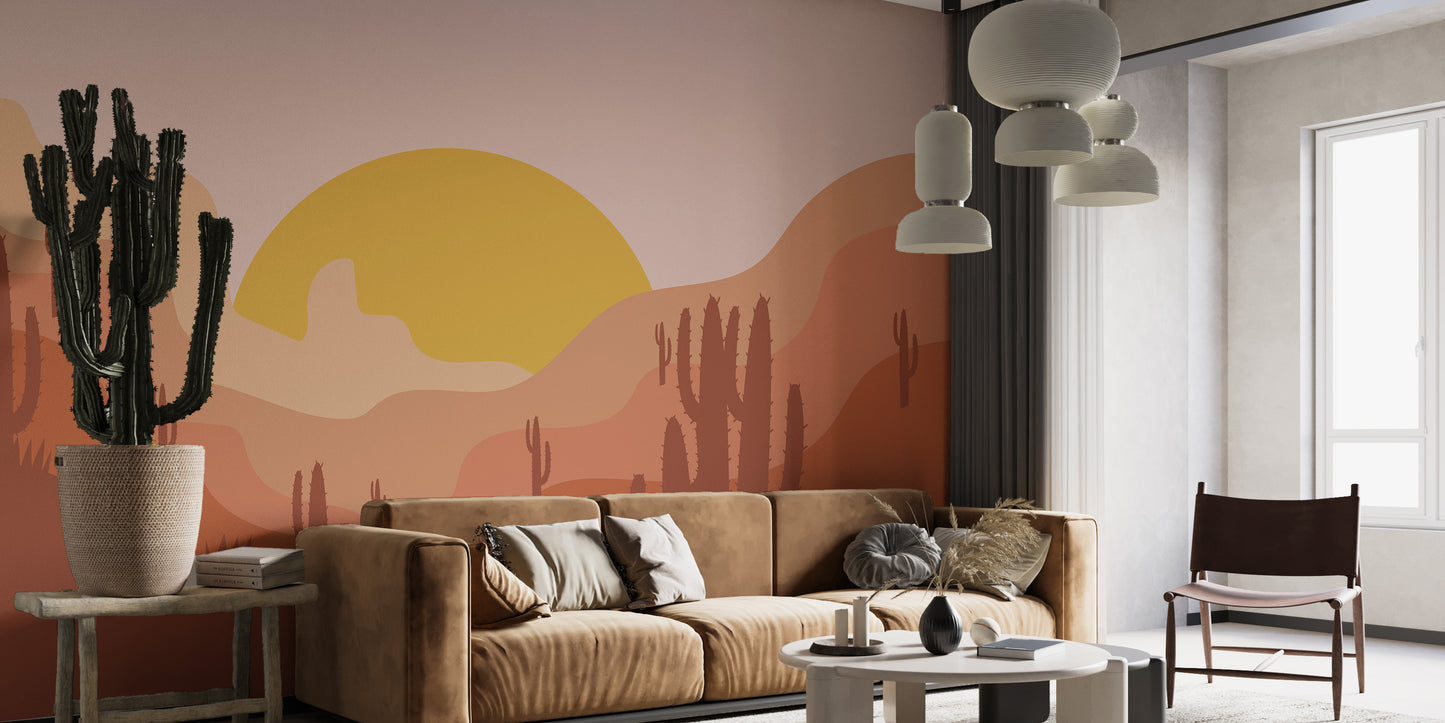 Minimalist desert mural enhances modern living room design