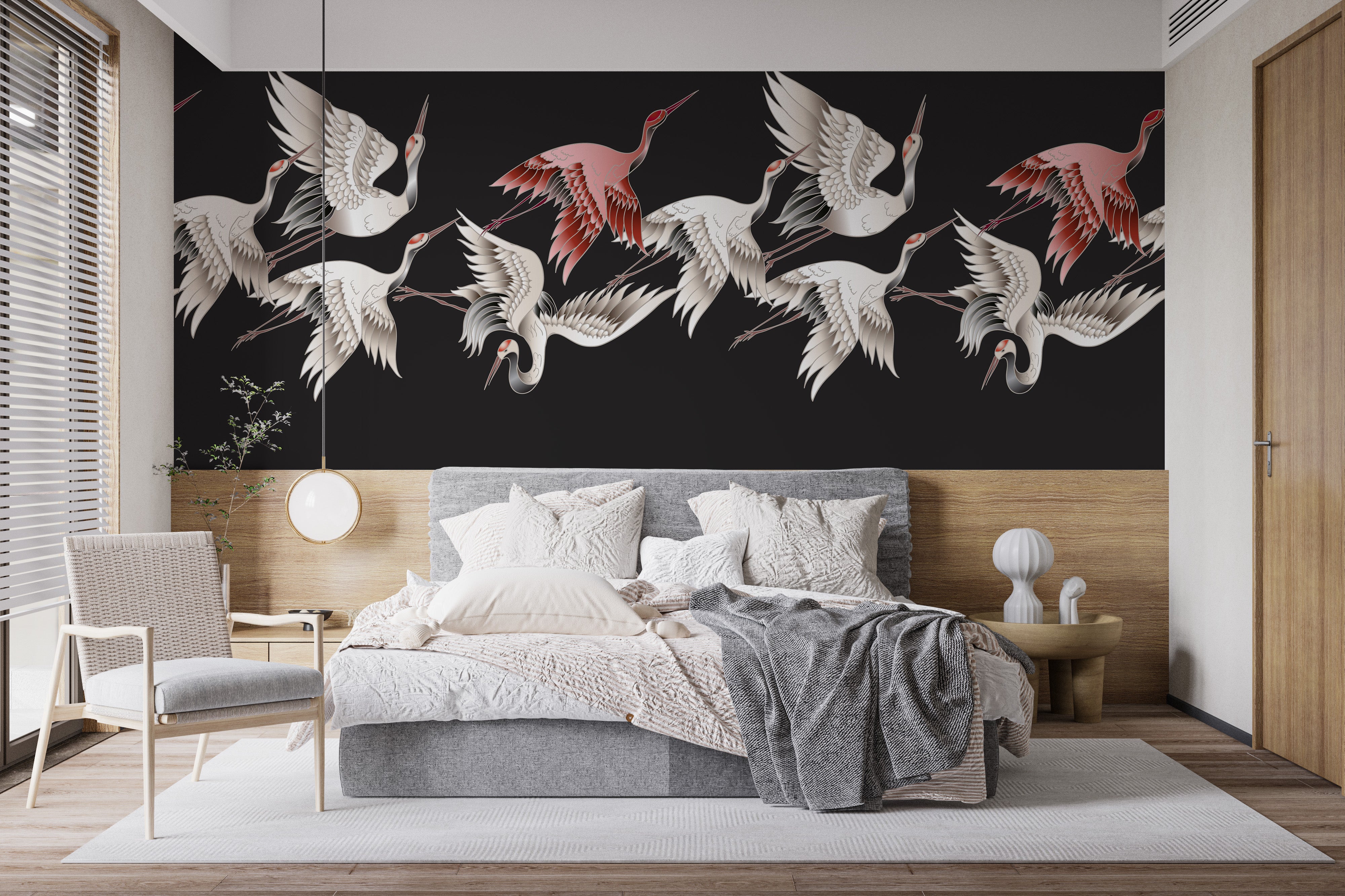 Japanese white crane wallpaper mural style