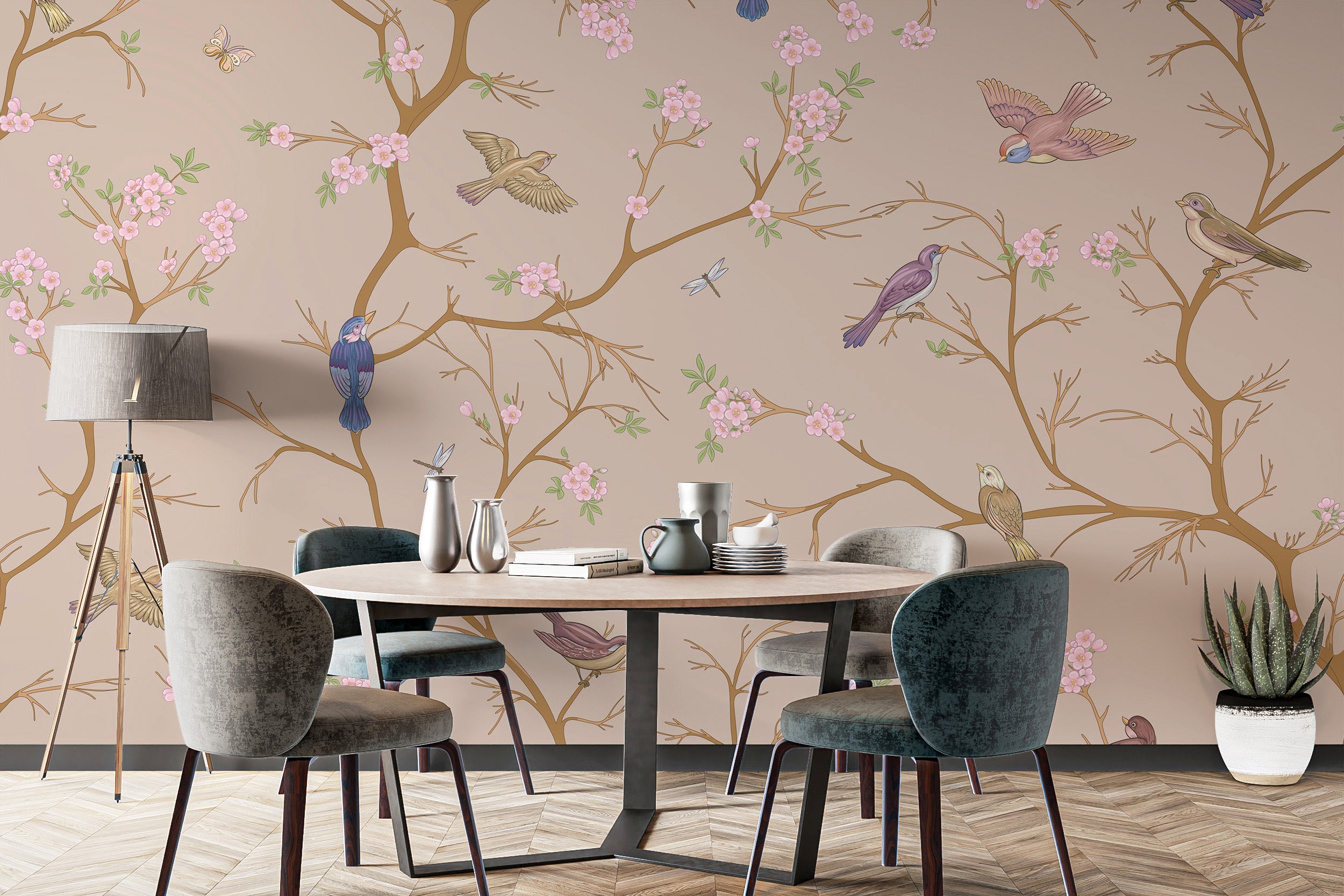 Chinoiserie mural adds sophistication to dining room decor