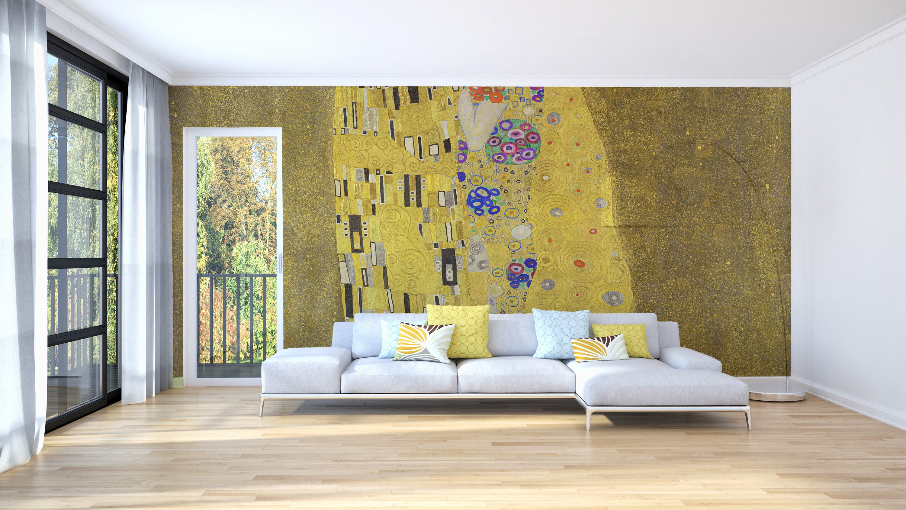 Artistic Kiss mural with gold accents
