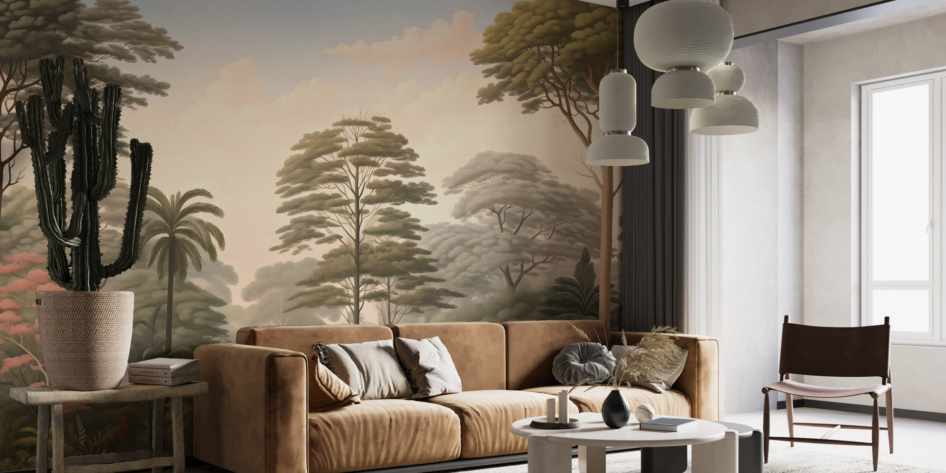 Nature woodcut forest wallpaper murals for a rustic, natural ambiance.
