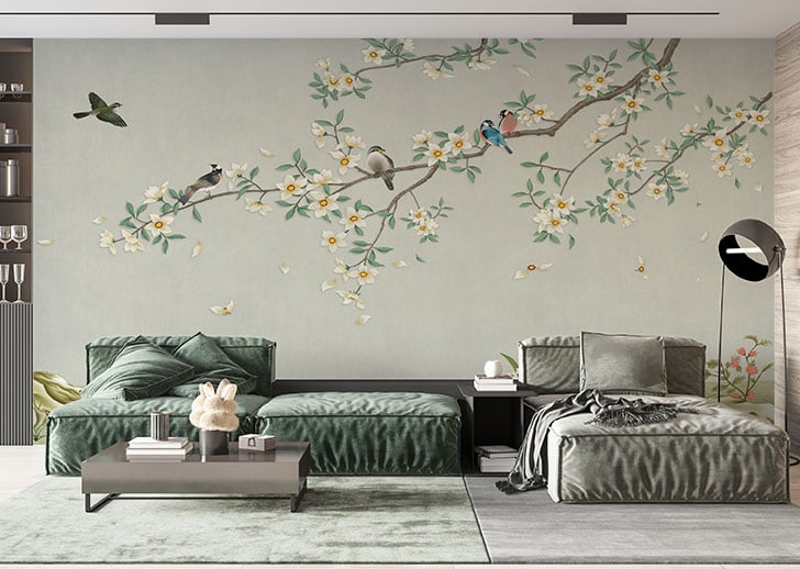 Birds on Branch Green Color Wallpaper Mural