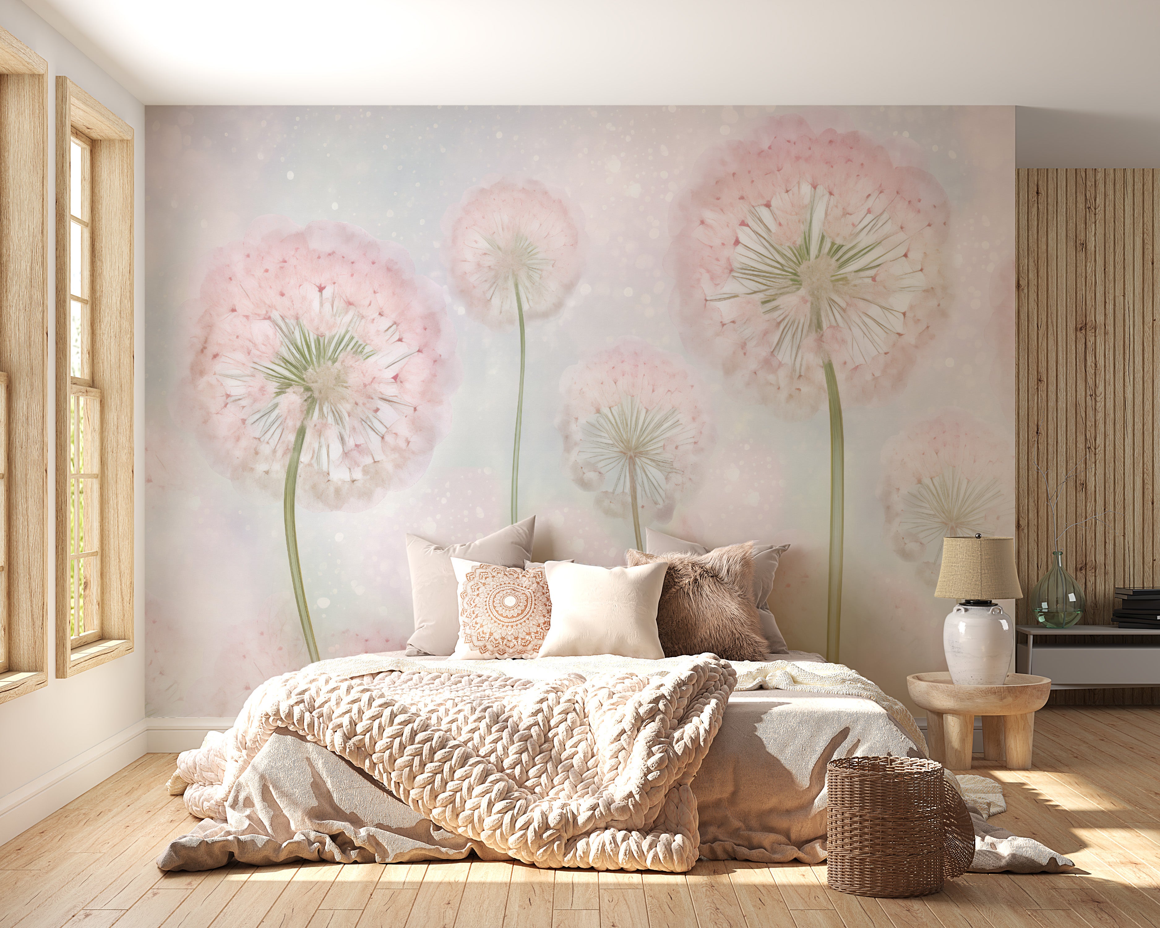 Brighten your space with pink color dandelion seeds wallpaper murals.