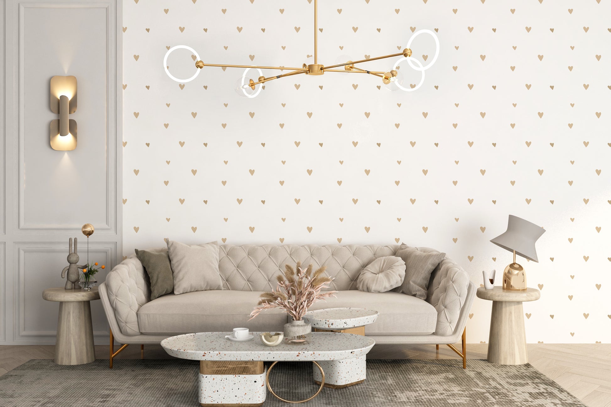 Subtle heart wallpaper in beige and gold